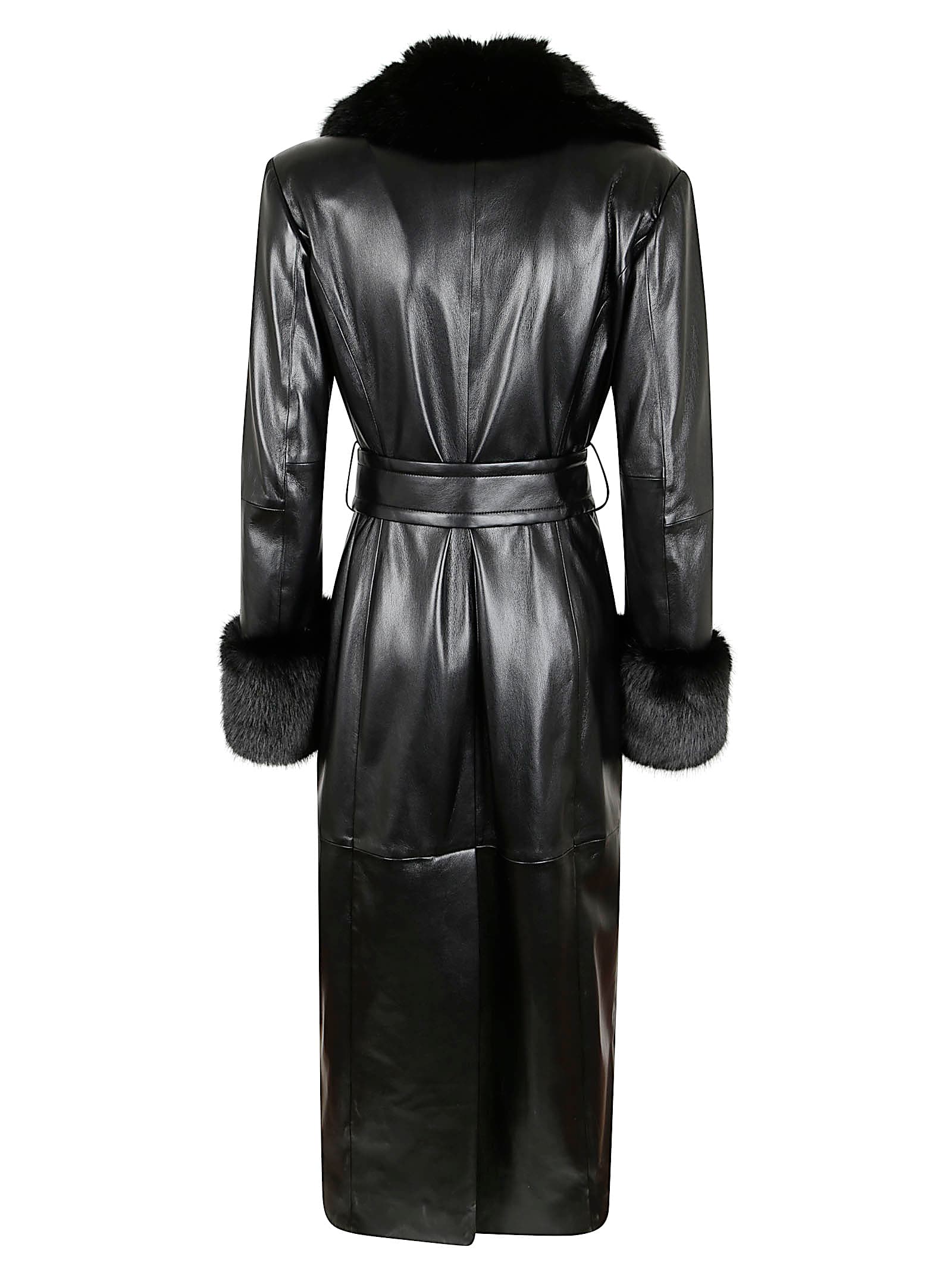 Stand Studio Black Long Coat With Plush Fur Collar And Tailored Belt In Black