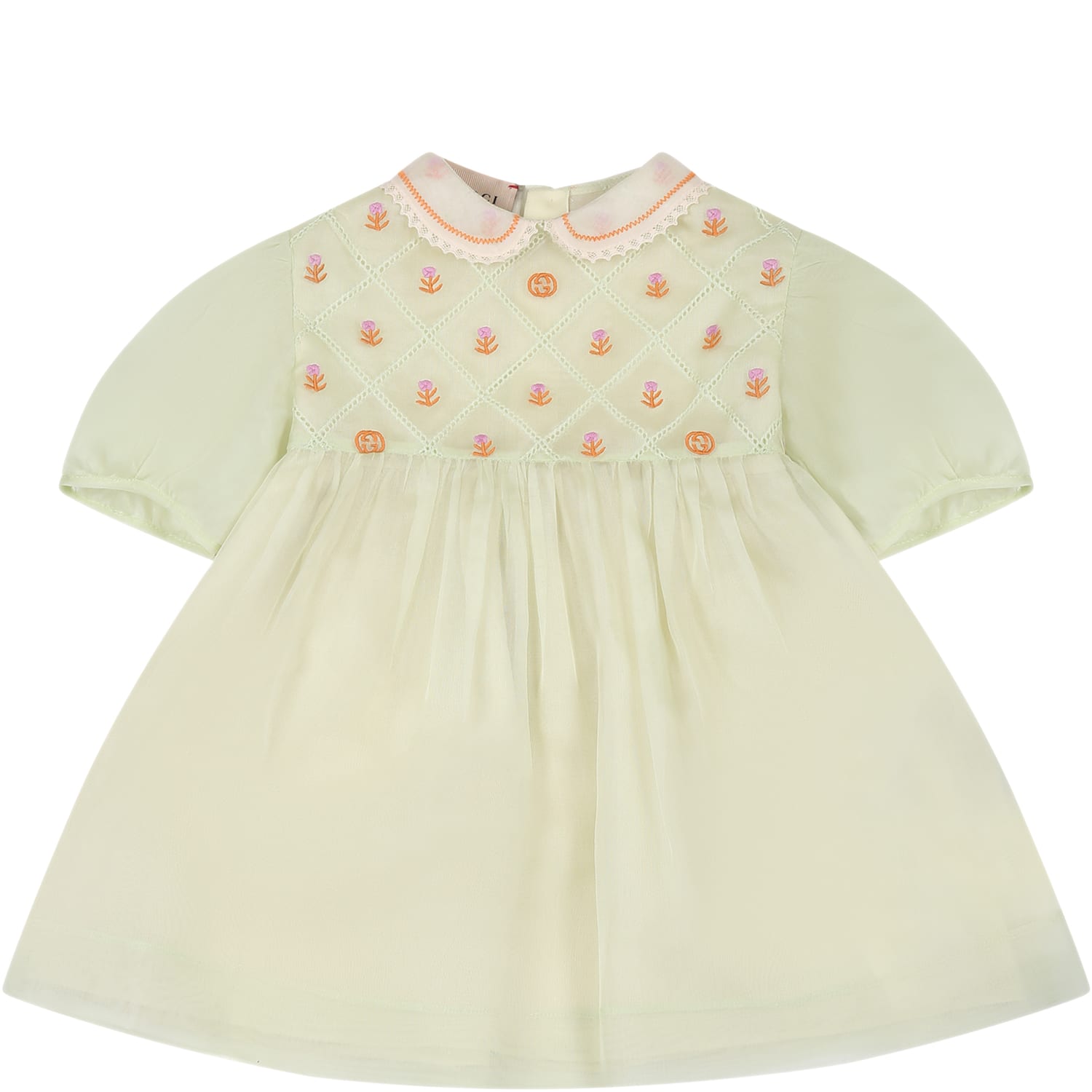 Gucci Kids' Green Dress For Baby Girl With Flower And Interlocking Gg