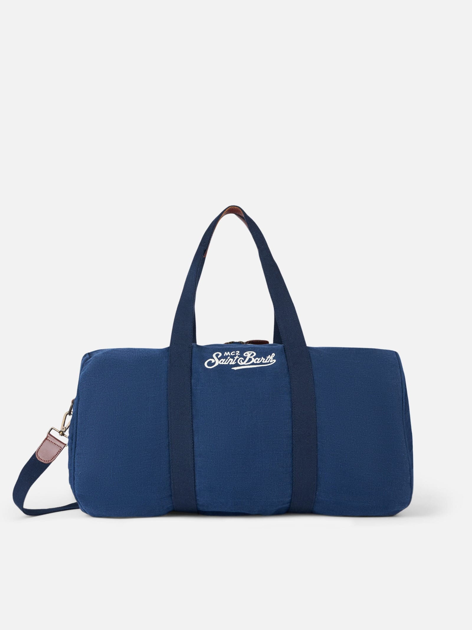 Shop Mc2 Saint Barth Blue Linen Travel Duffle Bag Jetleg