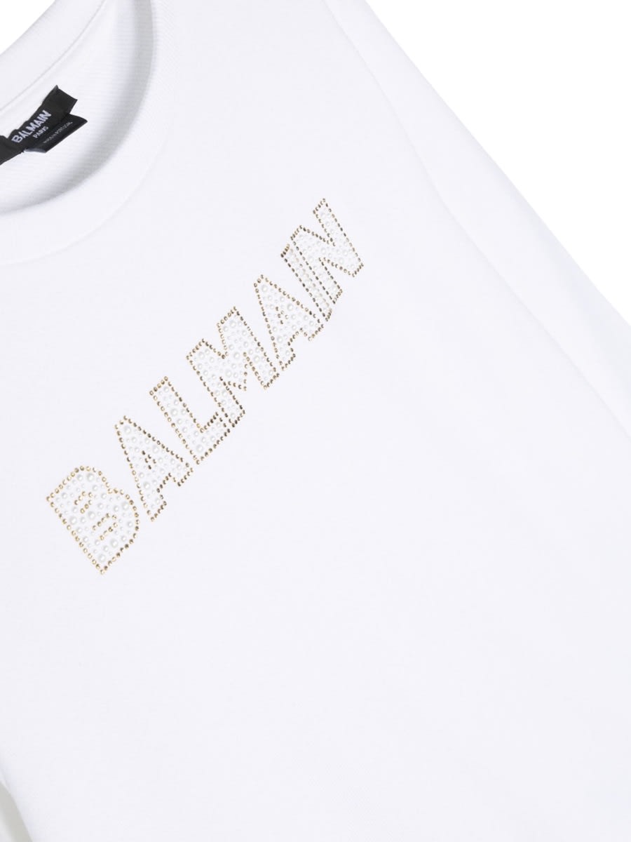 Shop Balmain Logo Crewneck Sweatshirt In White