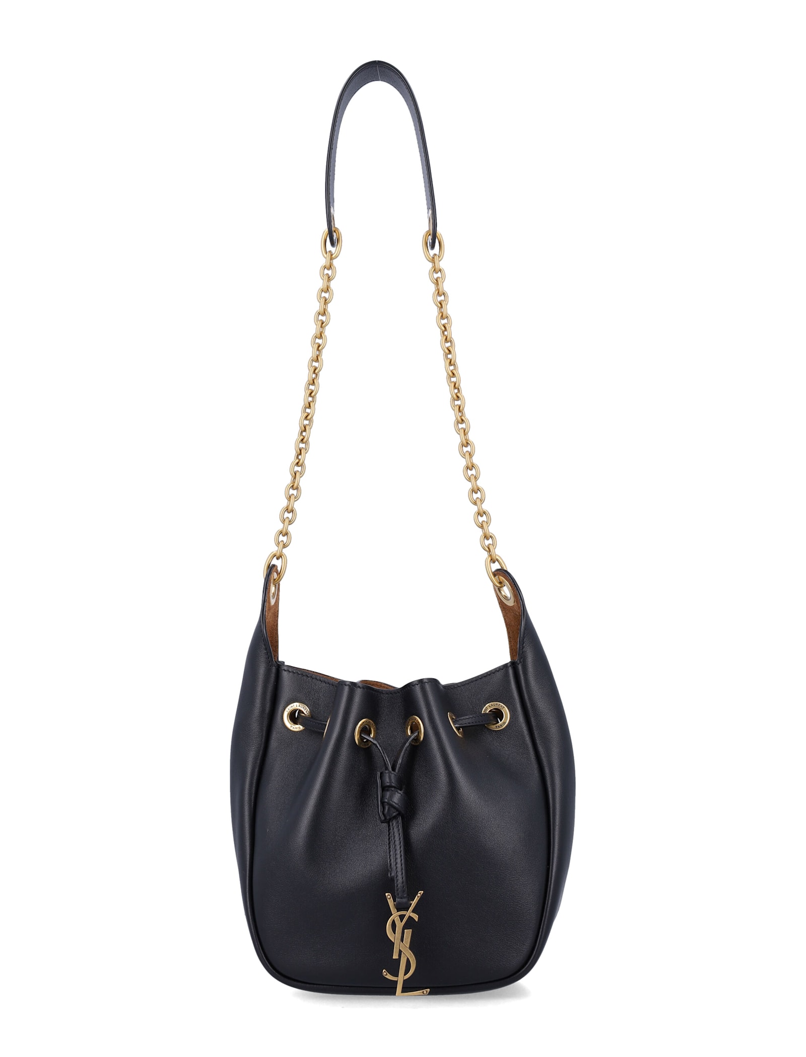 Saint Laurent Black Leather Supple Bucket Bag With Chain In Black