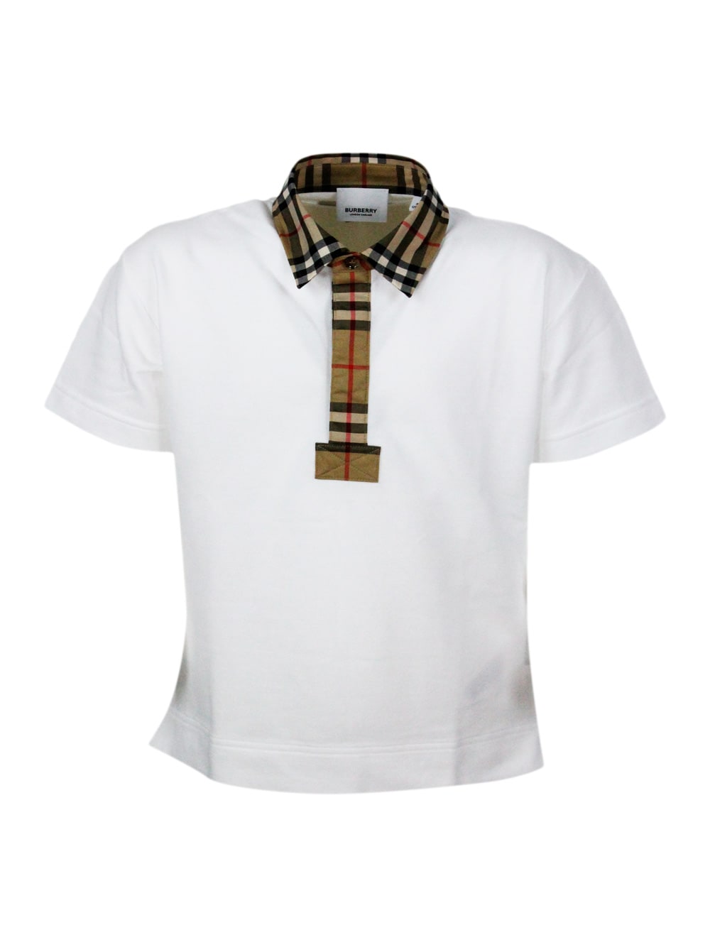 Shop Burberry Piqué Cotton Polo Shirt With Classic Check Collar And Front With Side Slits In White