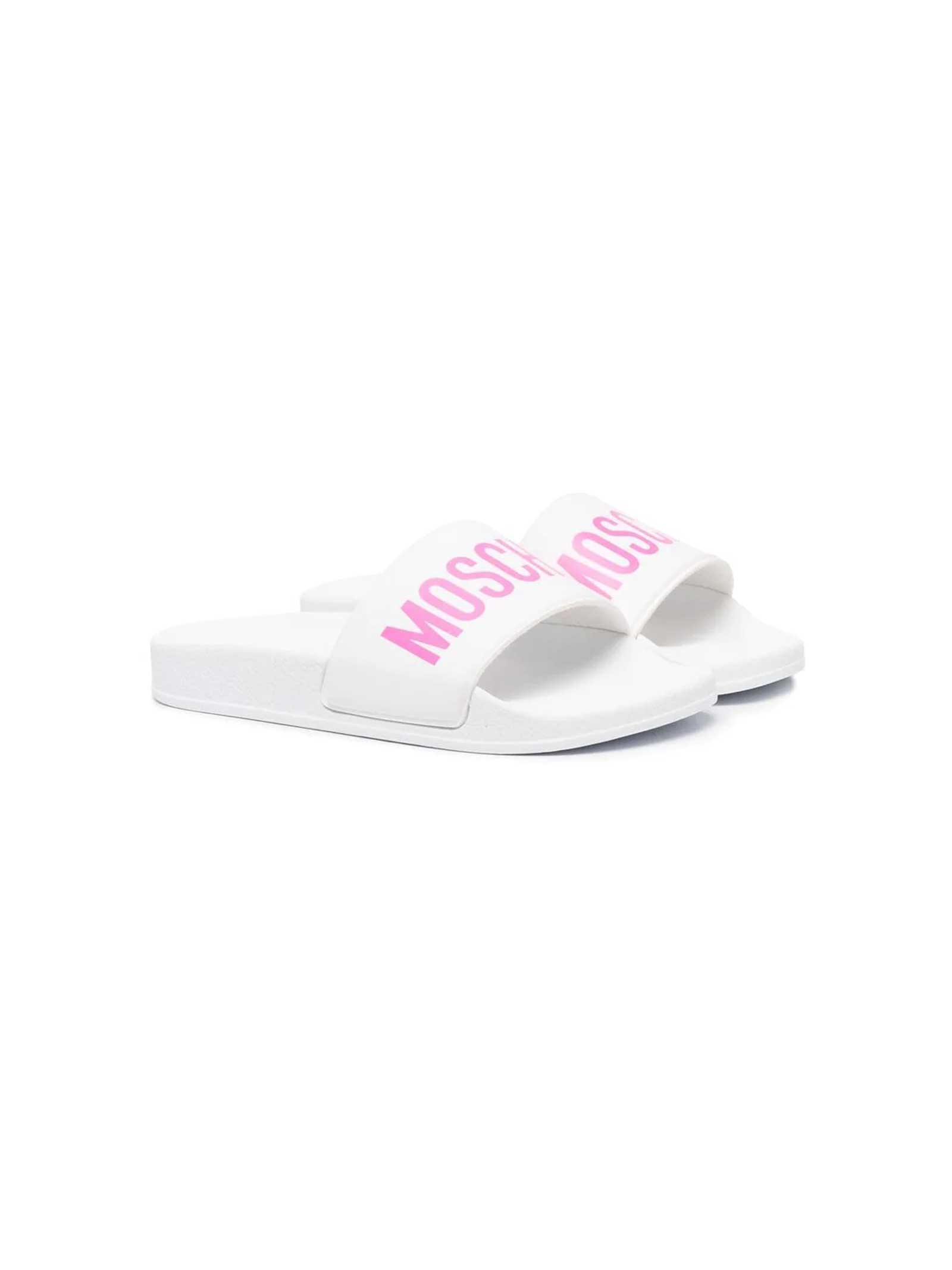 MOSCHINO WHITE SLIPPERS WITH PINK LOGO,67526 1