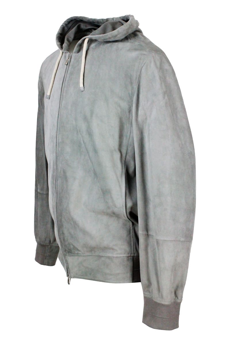 Shop Brunello Cucinelli Sweatshirt-style Jacket In Very Soft Suede Leather With Hood And Zip Closure In Grey