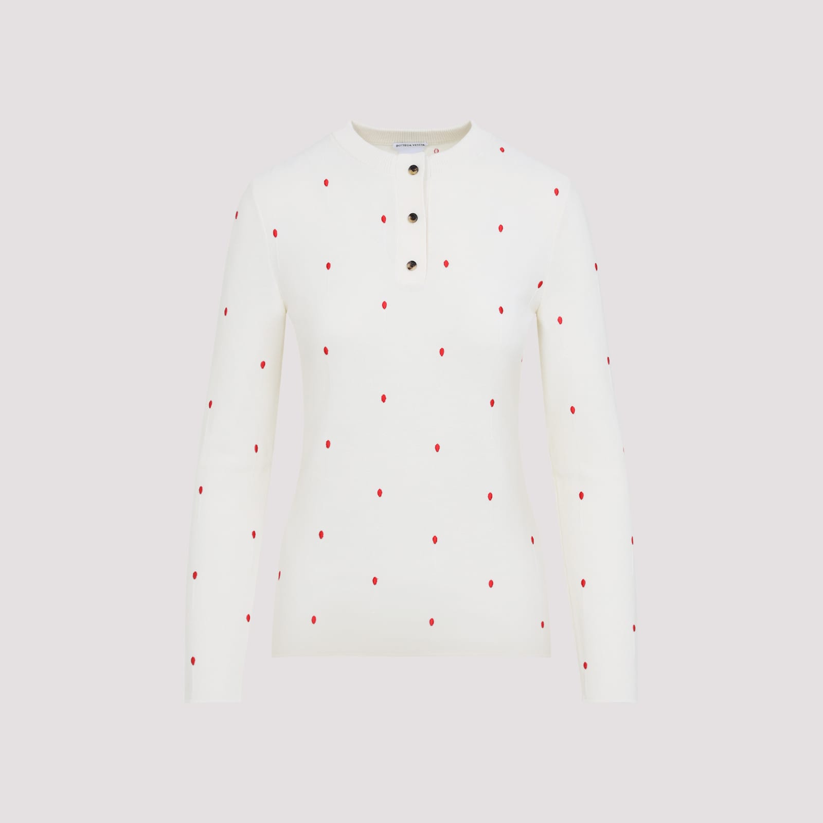 Bottega Veneta Polka Dot Crew Neck Top With Red Embellishment In Chalk Vernis