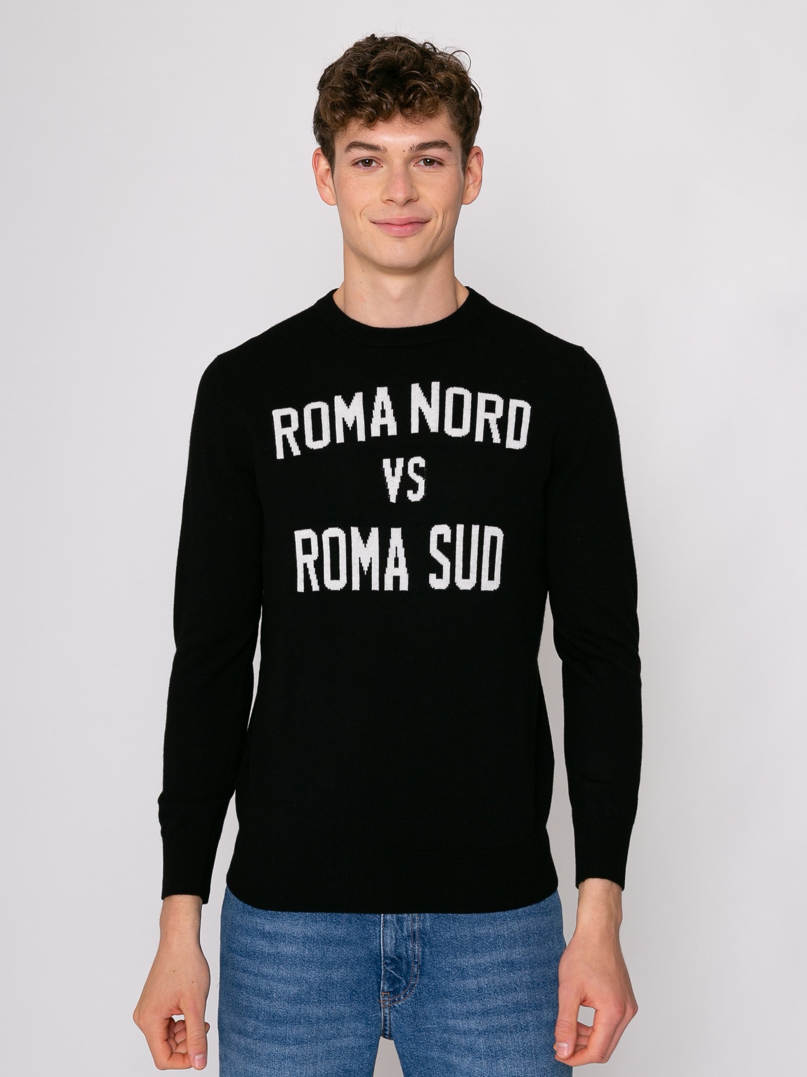 Shop Mc2 Saint Barth Man Lightweight Sweater Roma Nord Vs Roma Sud Jacquard Print In Black