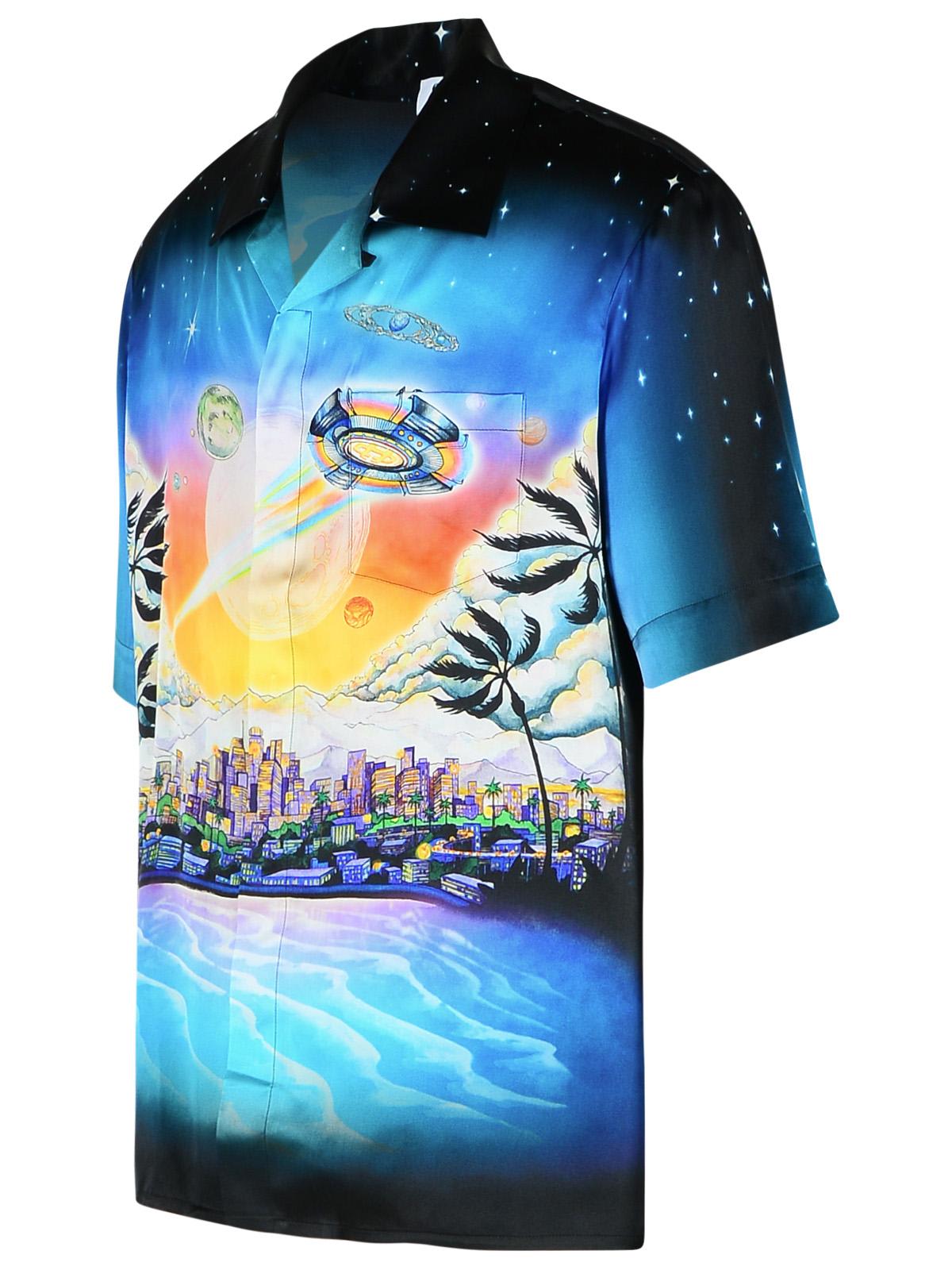 Casablanca Graphically Enhanced Silk Shirt With Cuban Collar In Blue