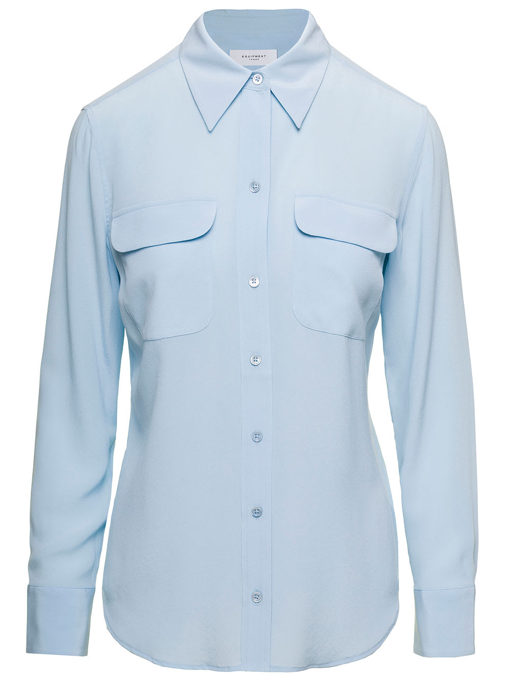 Light Blue Slim Shirt With Chest Patch Pocket In Silk Woman