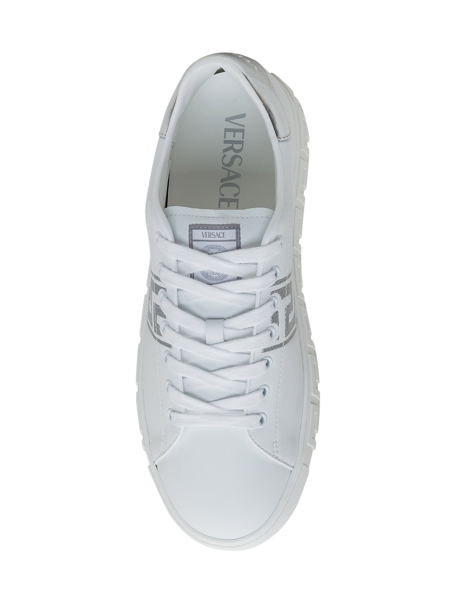 Shop Versace Greek Sneaker Embroidered In White Silver