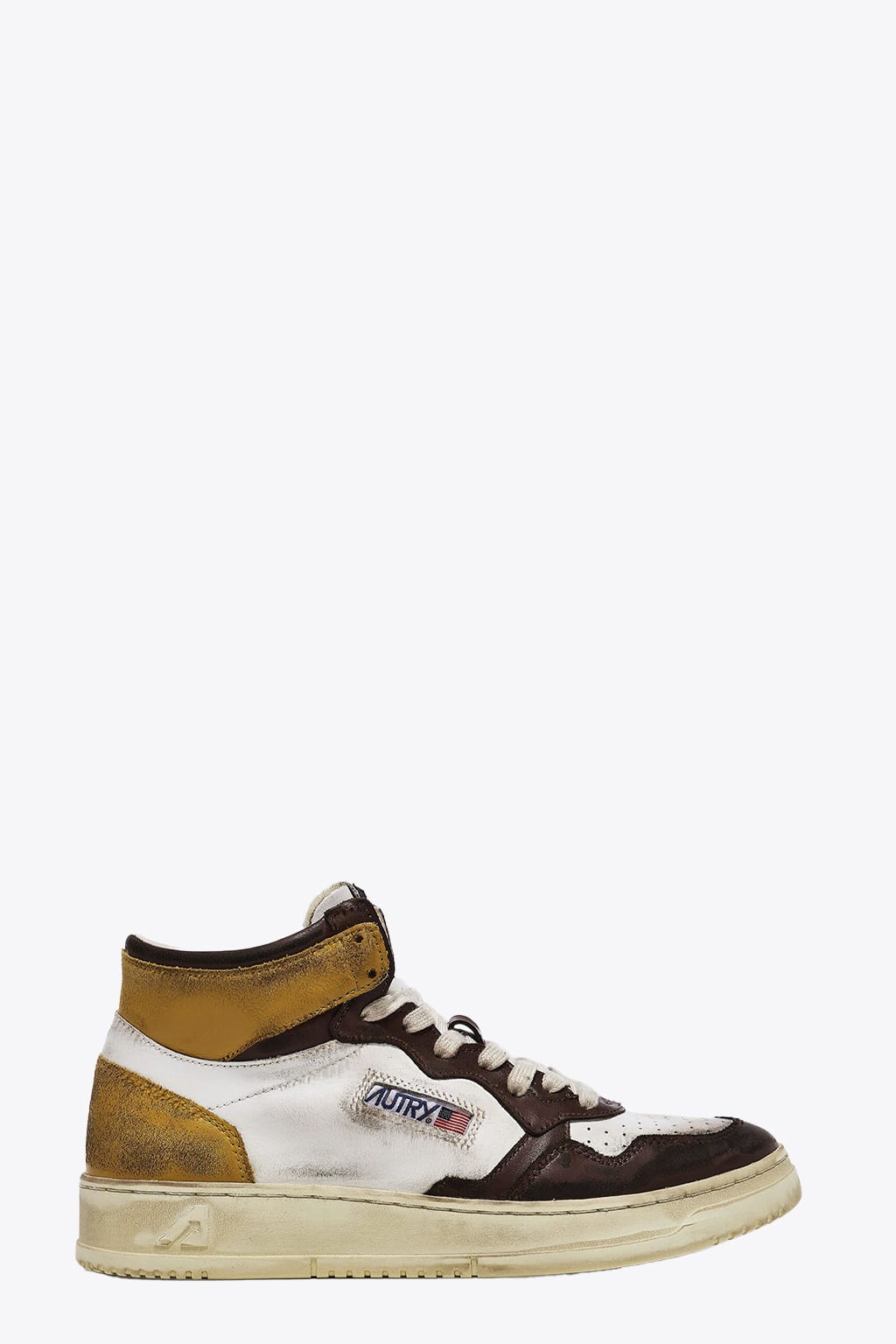 Autry Sup Vint Mid Man Leat Wht/brw/hon White/brown/honey yellow distressed leather mid sneaker.