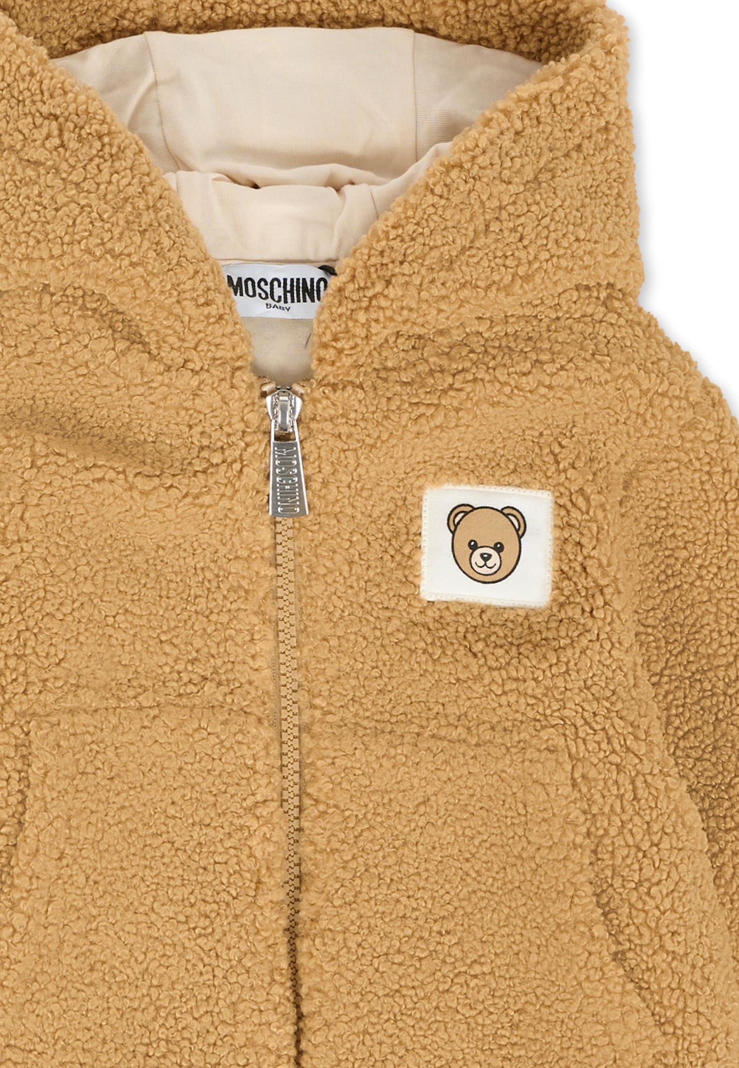 Moschino Brown Faux Fur Coat For Babykids With Teddy Bear In Brown