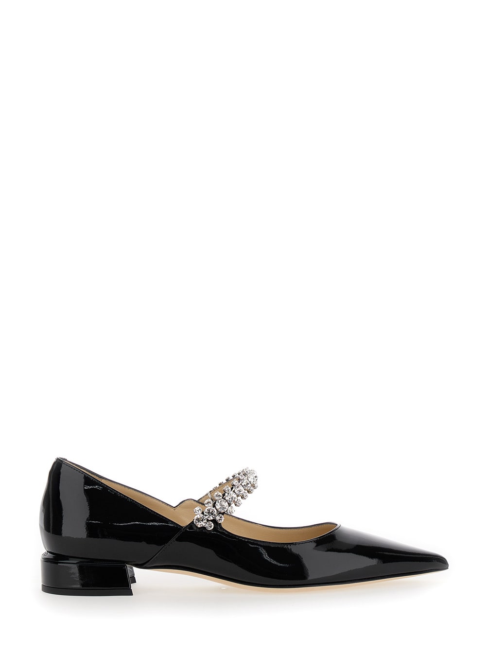 Black Ballet Flats With Crystals On Strap In Patent Leather Woman