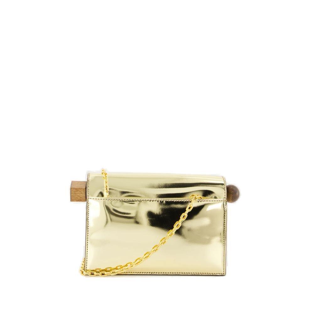 Shop Jacquemus Logo Plaque Metallic Clutch Bag In Golden