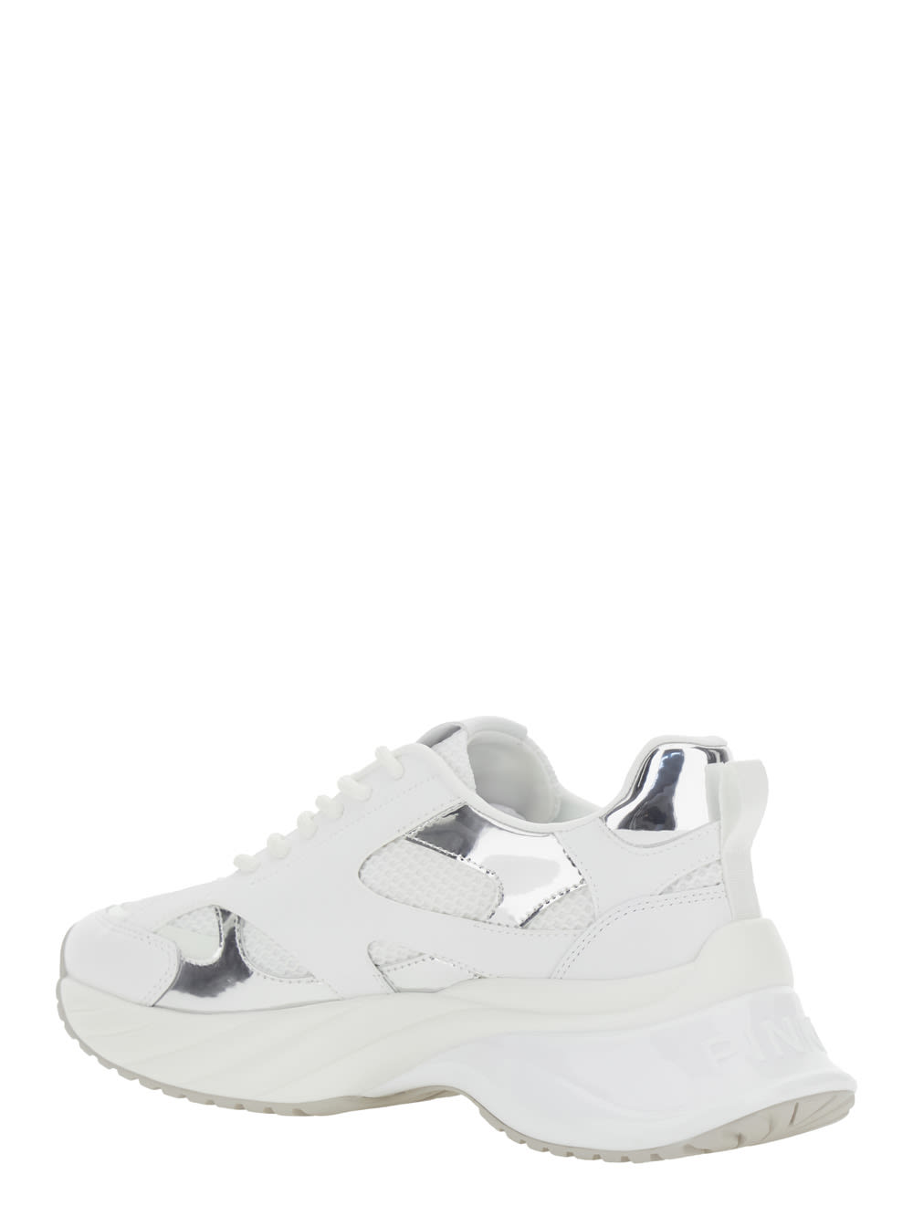Pinko Ariel 15 White Sneakers With Mirror Panels And Logo Patch On The Tongue In Tech Fabric Woman In White