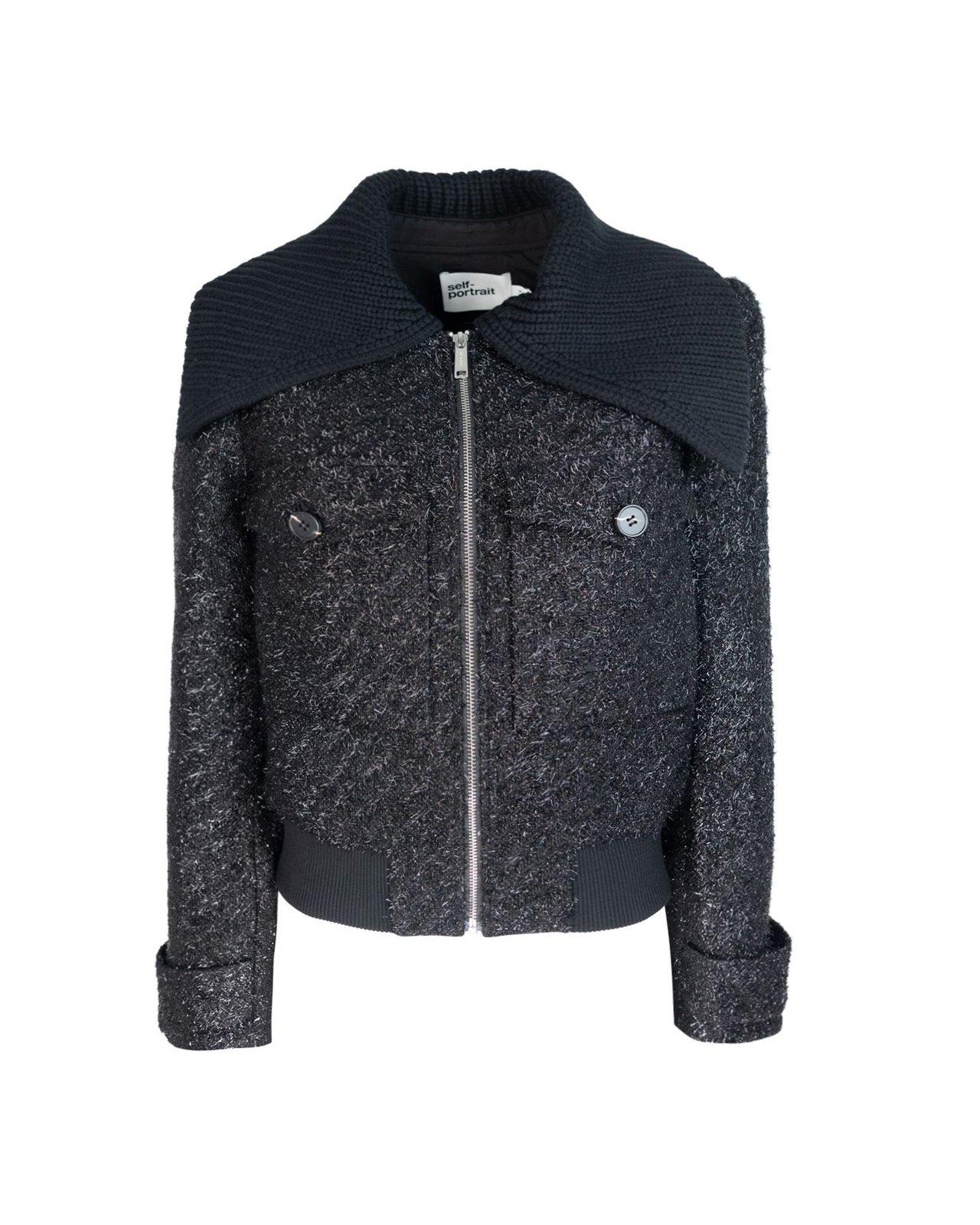 Shop Self-portrait Metallic-effect Zip-up Jacket In Black