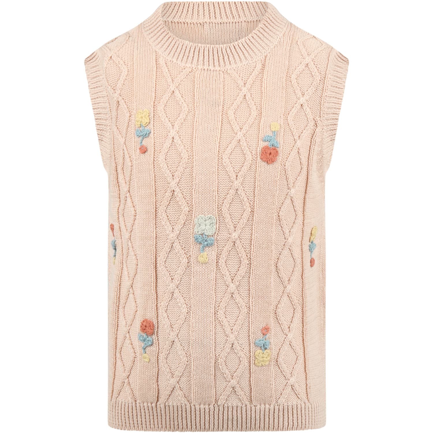 Coco Au Lait Beige Waistcoat For Girl With Embroidered Flowers