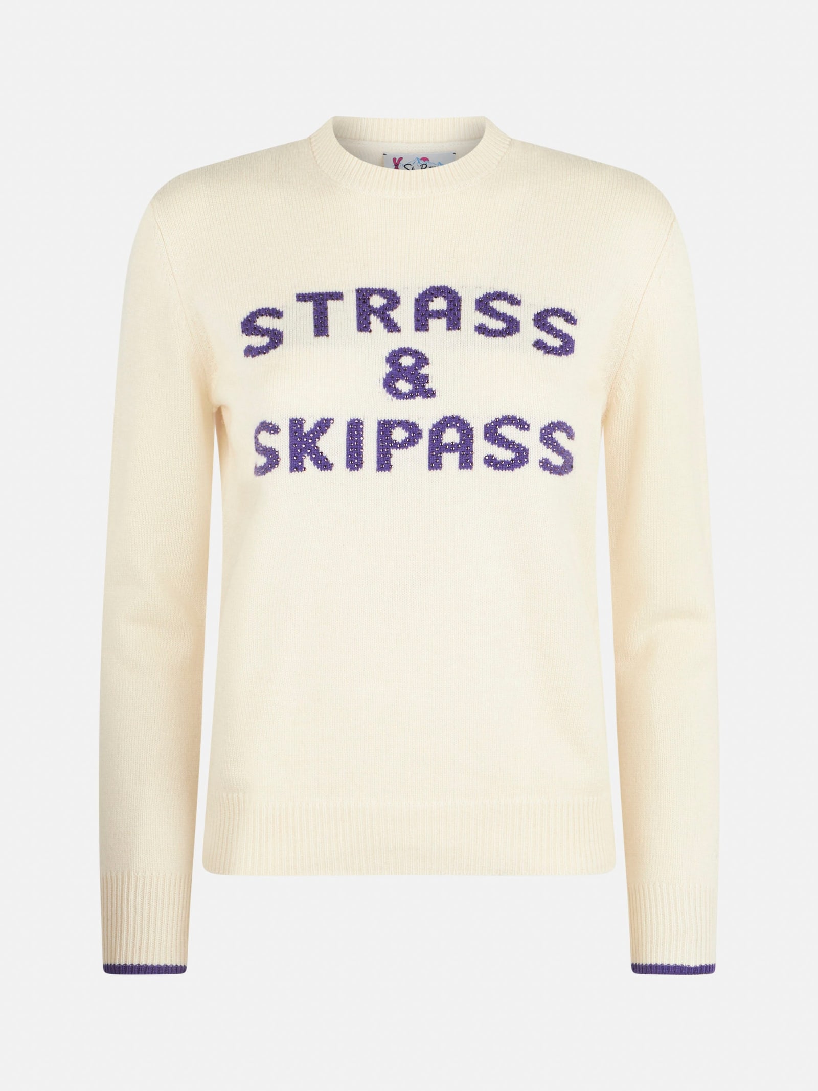 Shop Mc2 Saint Barth Woman Crewneck White Sweater With Strass & Skipass Rhinestone Print