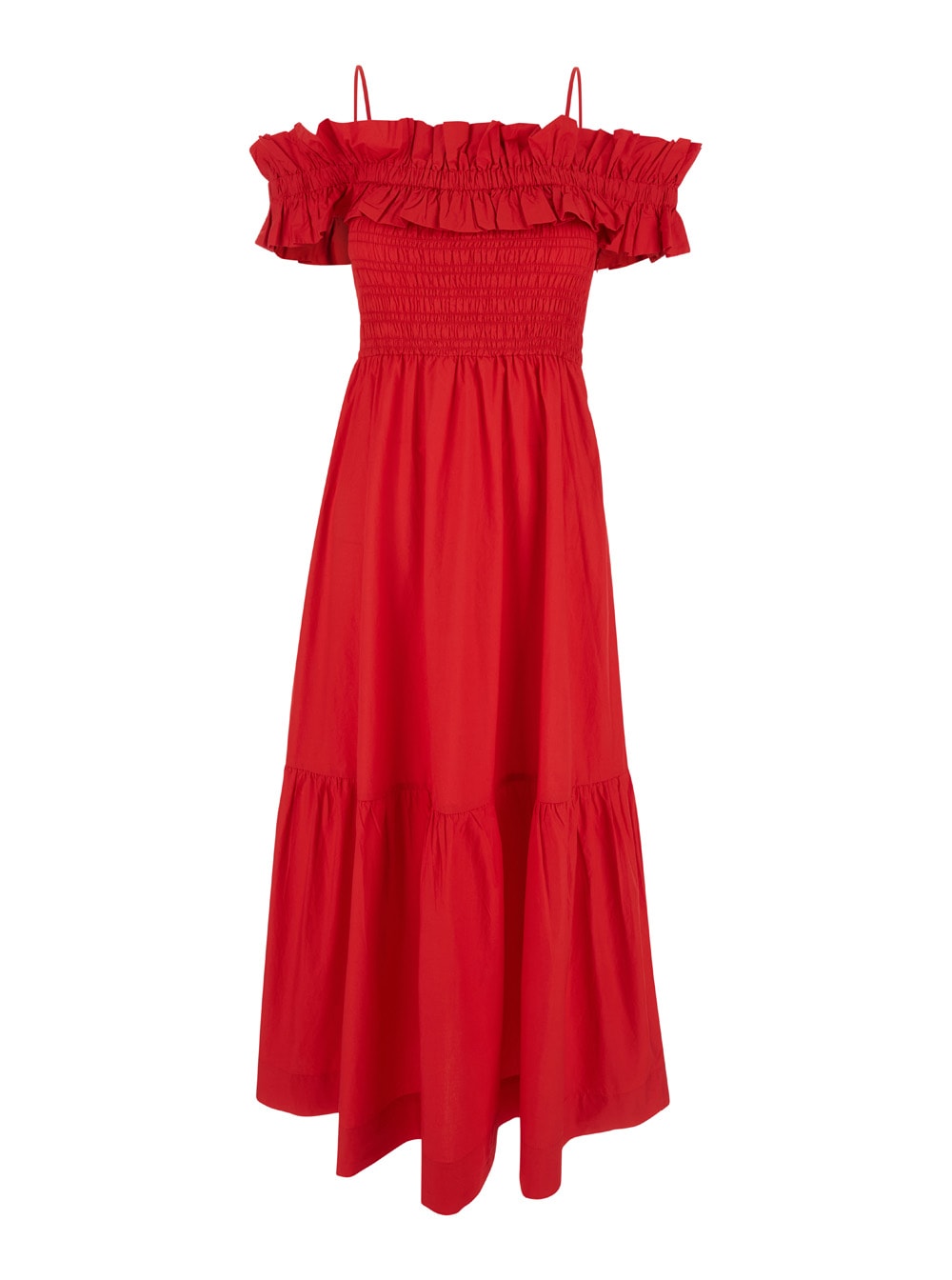 Shop Ganni Off-shoulder Ruffle Detail Long Dress In Racing Red