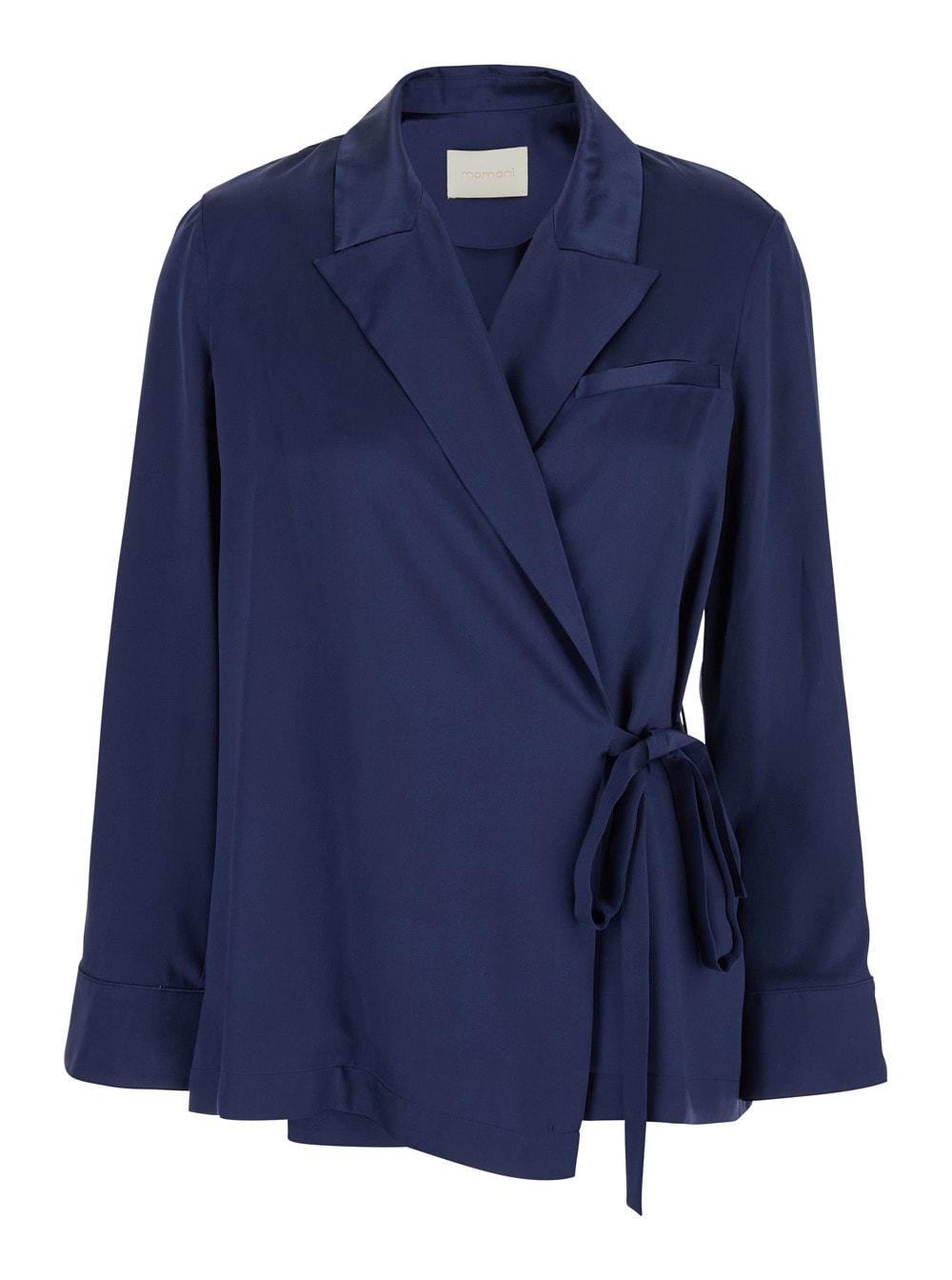 Momonì praia Dark Blue Jacket With Peak Lapels And Waist Belt In Silk Woman