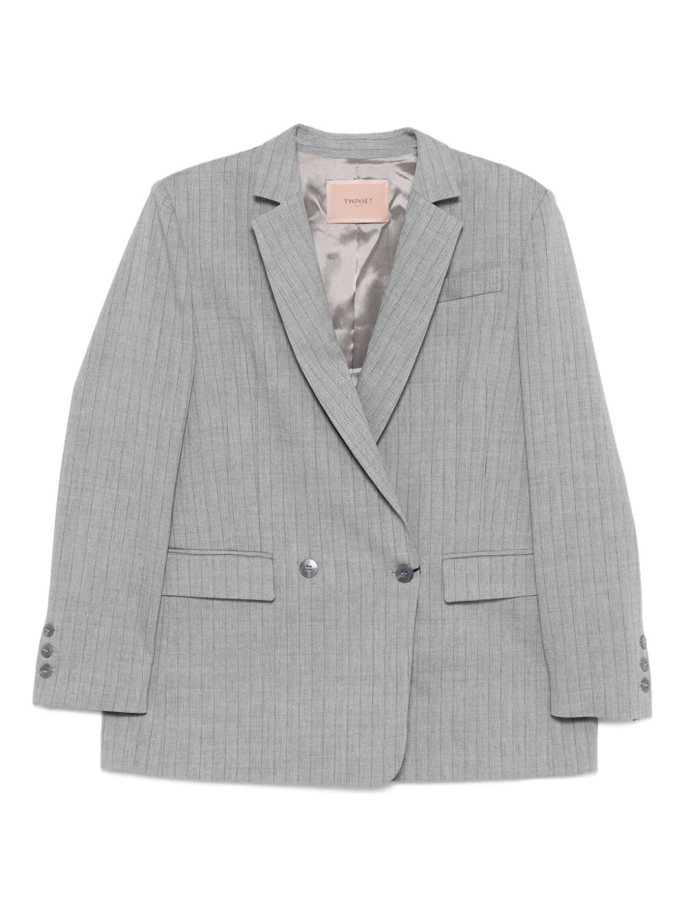 Twinset Double-breasted Pinstripe Blazer With Structured Shoulders In Gray