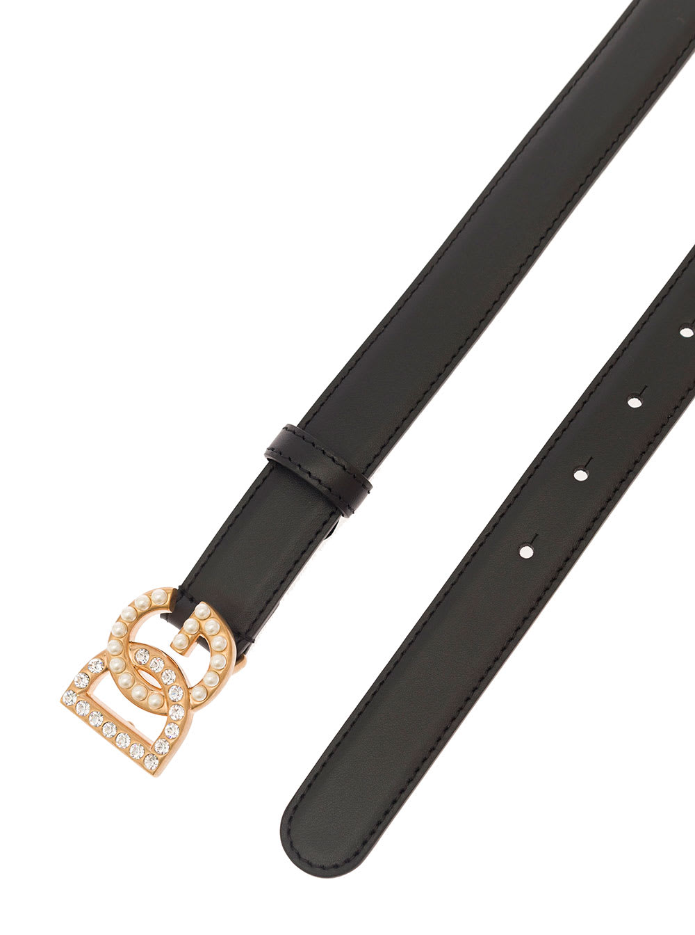 Shop Dolce & Gabbana Black Belt With Dg Logo Buckle With Pearls And Rhinestones In Smooth Leather Woman