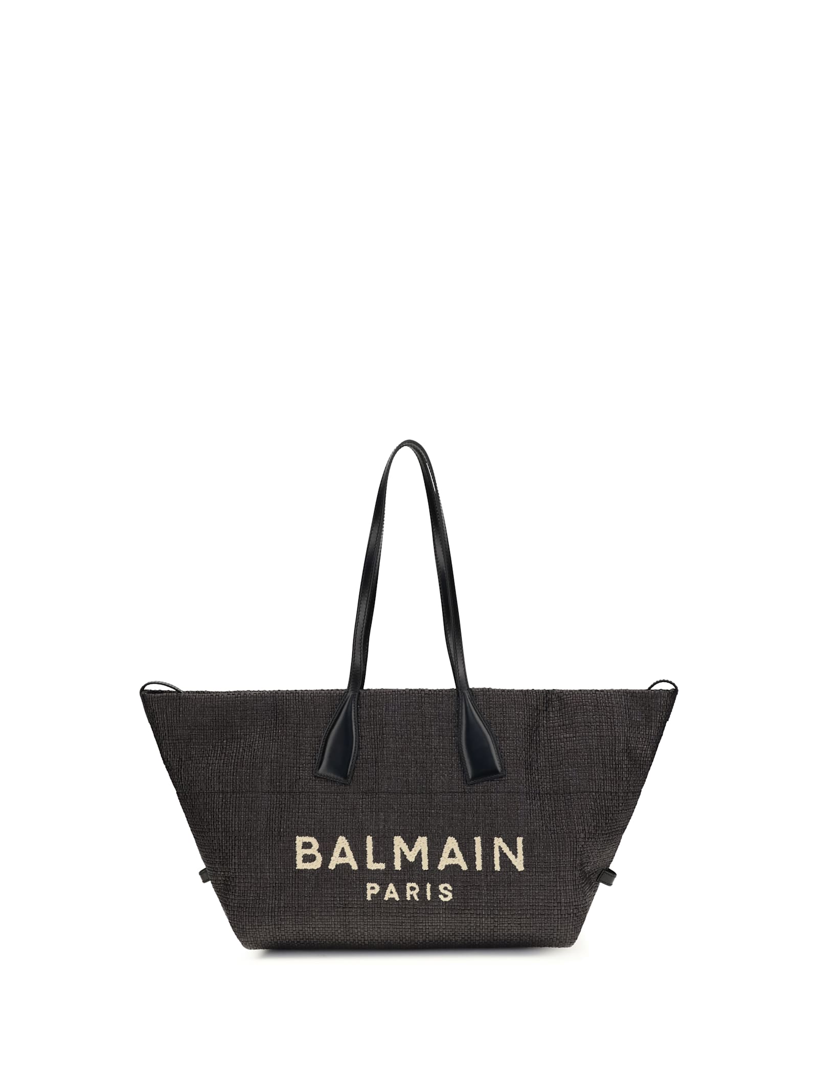 Balmain Women Track Shoulder Bag In Leather And Raffia In Black