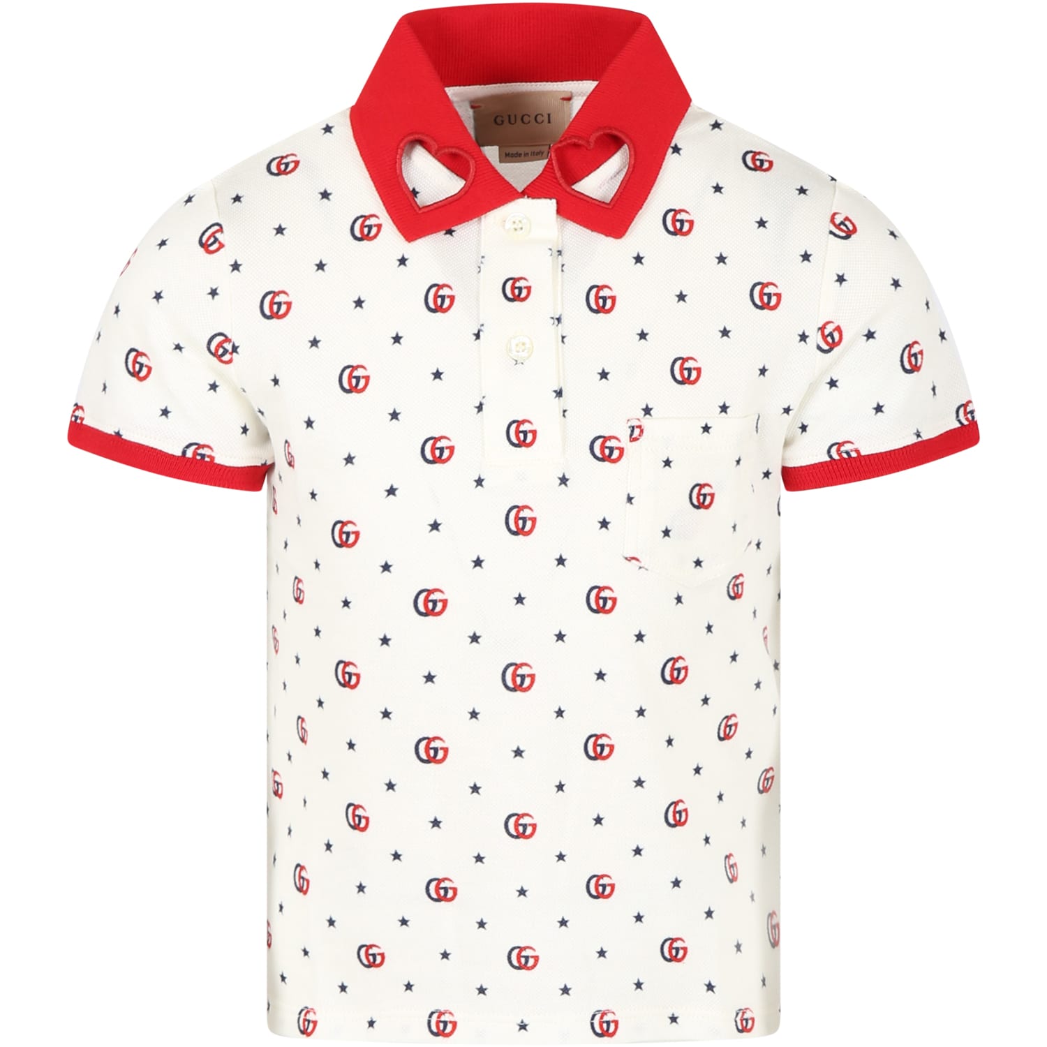Gucci White Polo-shirt For Girl With Gg And Stars