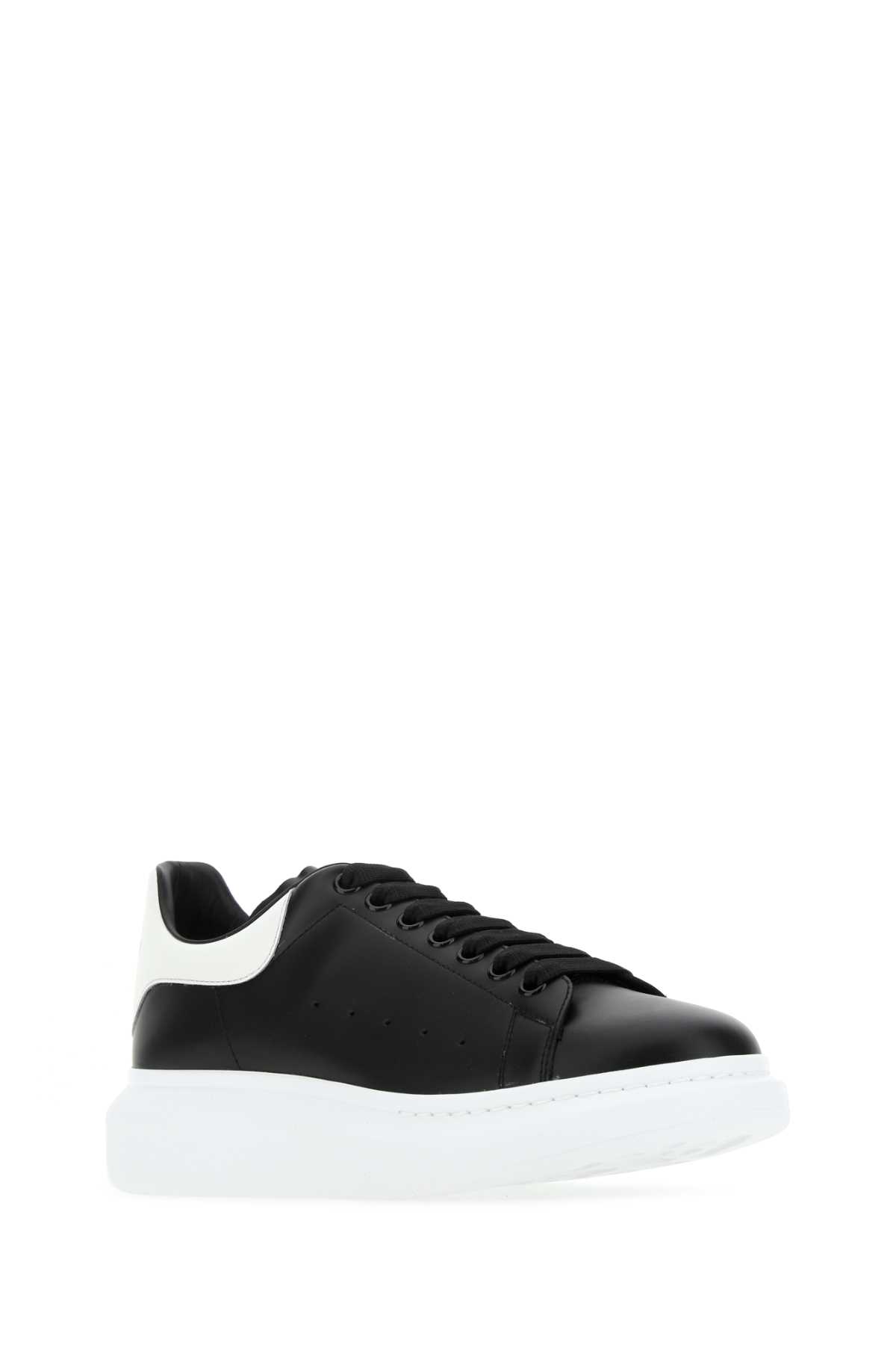 Shop Alexander Mcqueen Black Leather Sneakers With White Leather Heel In 1070