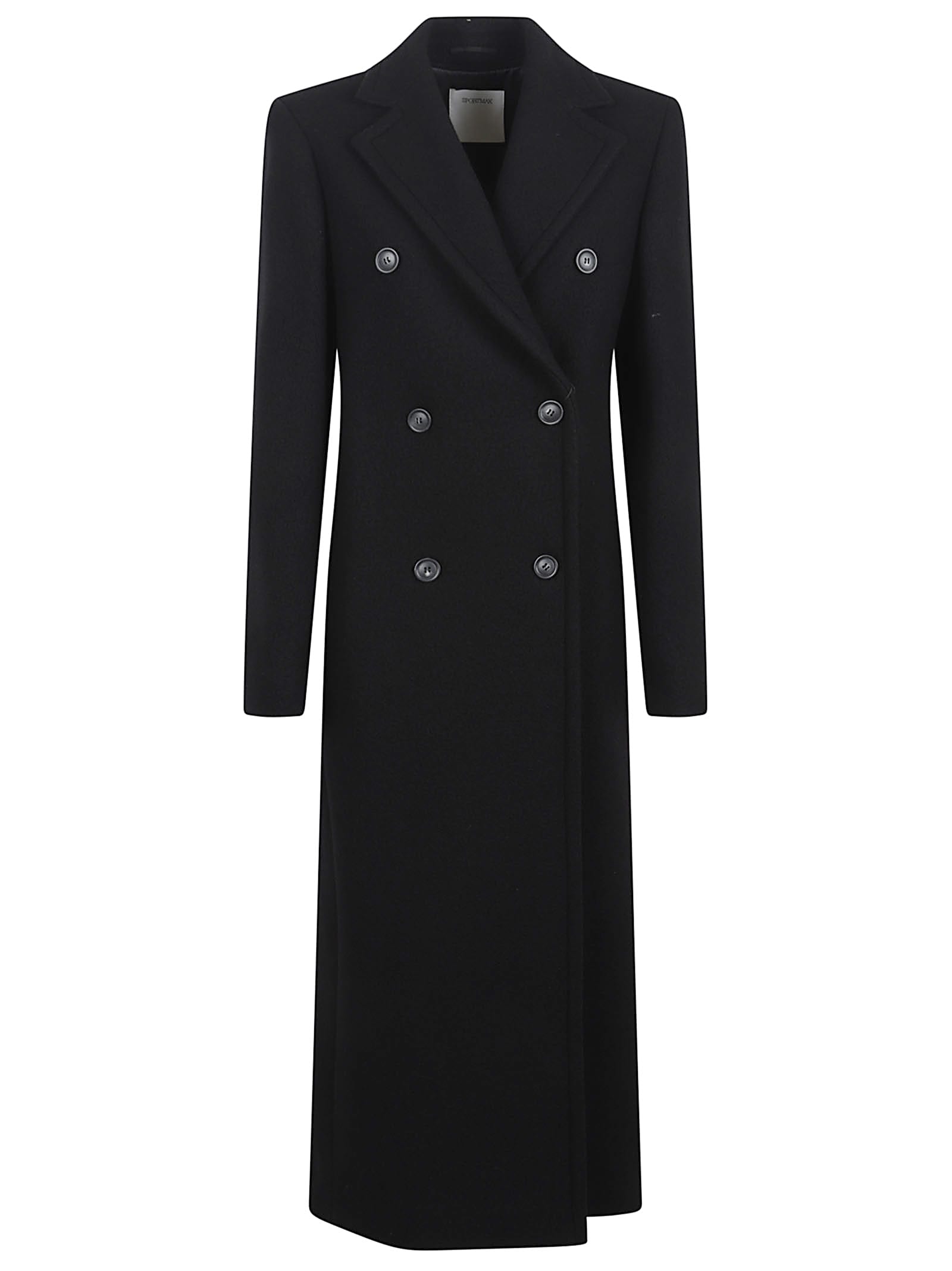 Sportmax Long Double-breasted Black Coat With Structured Shoulders And Belt Detail In Black