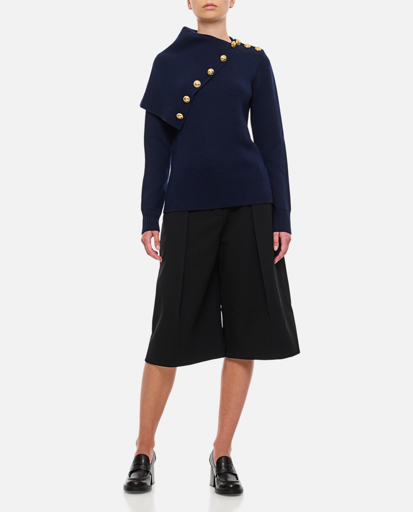 Shop Rabanne Asymmetric Neck Wool Pullover In Blu Navy