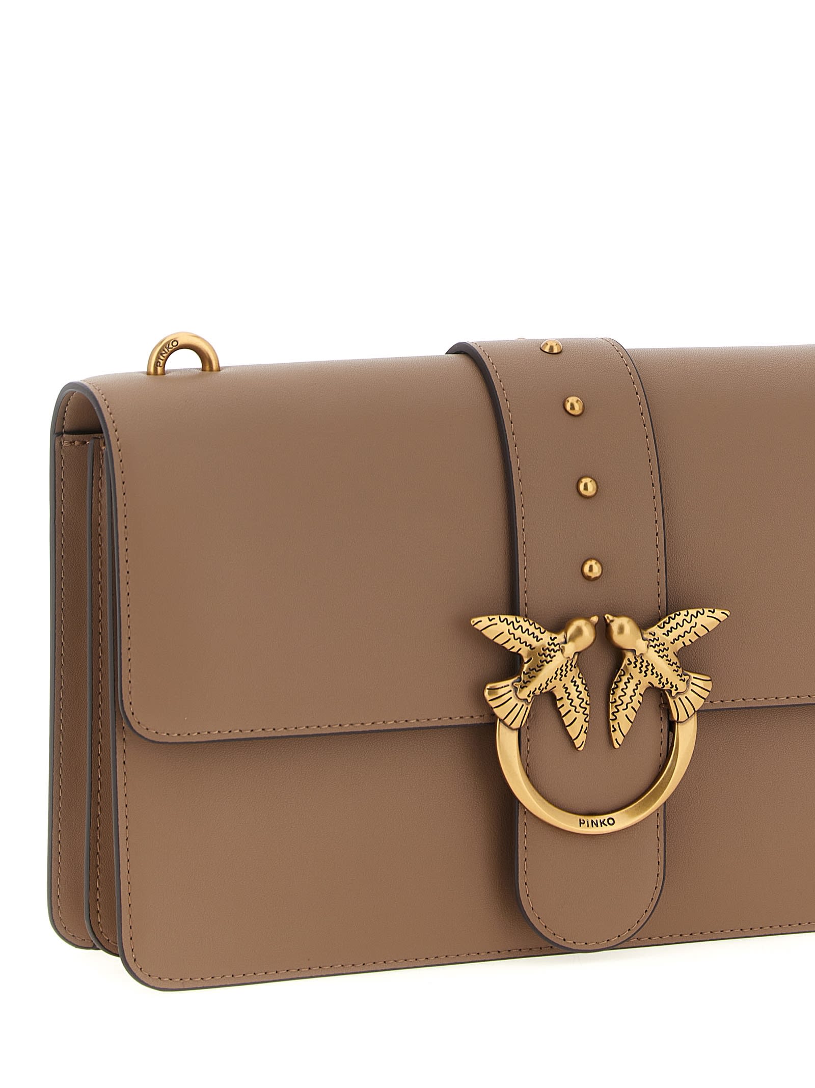 Pinko Beige Leather Shoulder Bag With Logo Buckle In Brown
