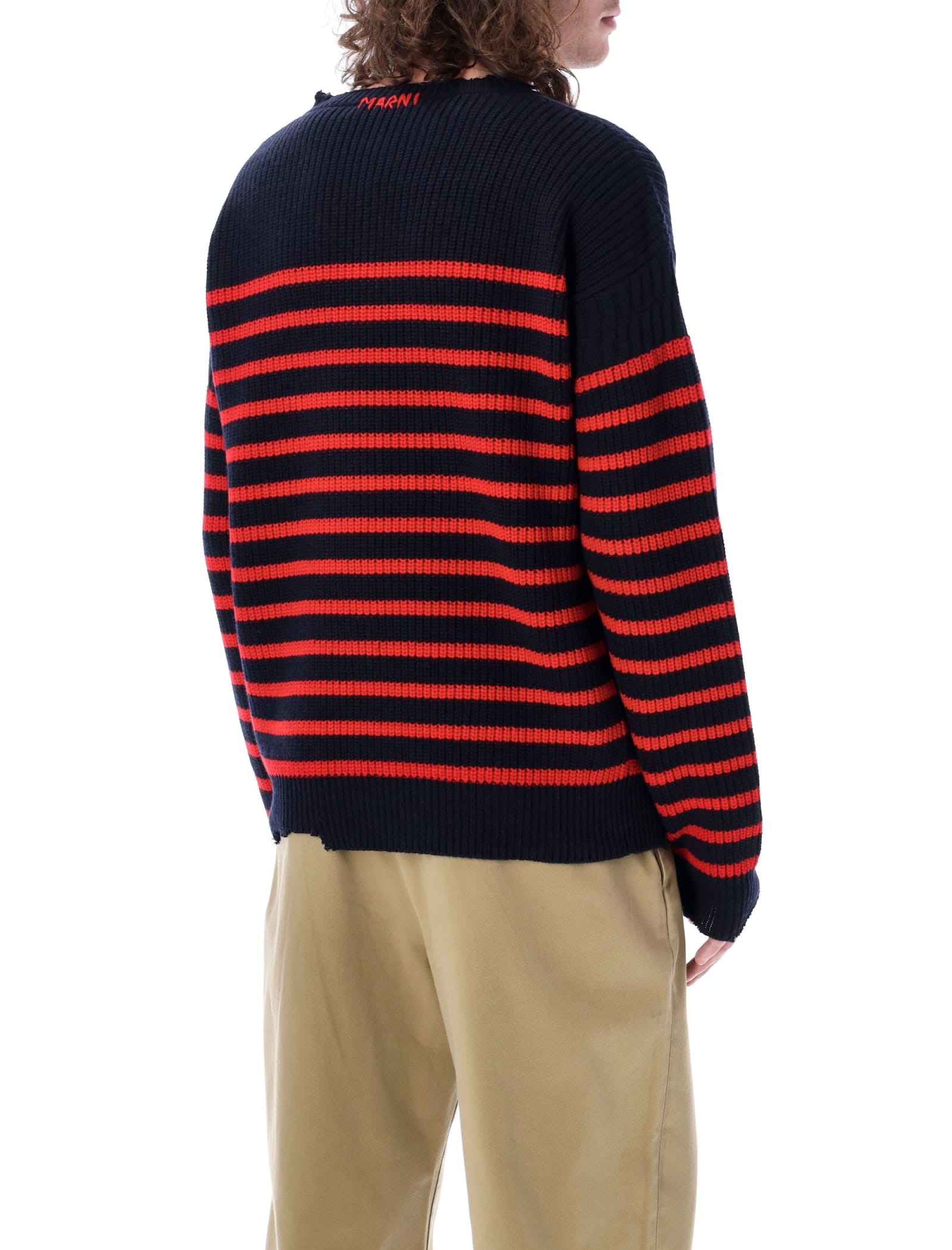 Marni Sailor Striped Distressed Crewneck Sweater In Blu Marine