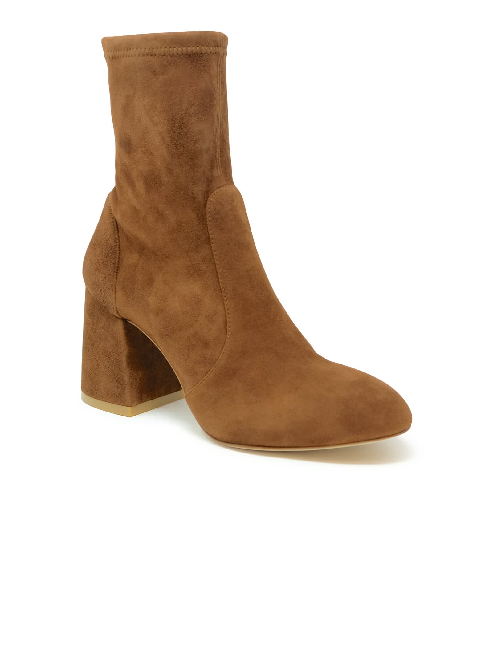 Shop Stuart Weitzman E Suede Flareblock 85 Stretch Bootie In Brown