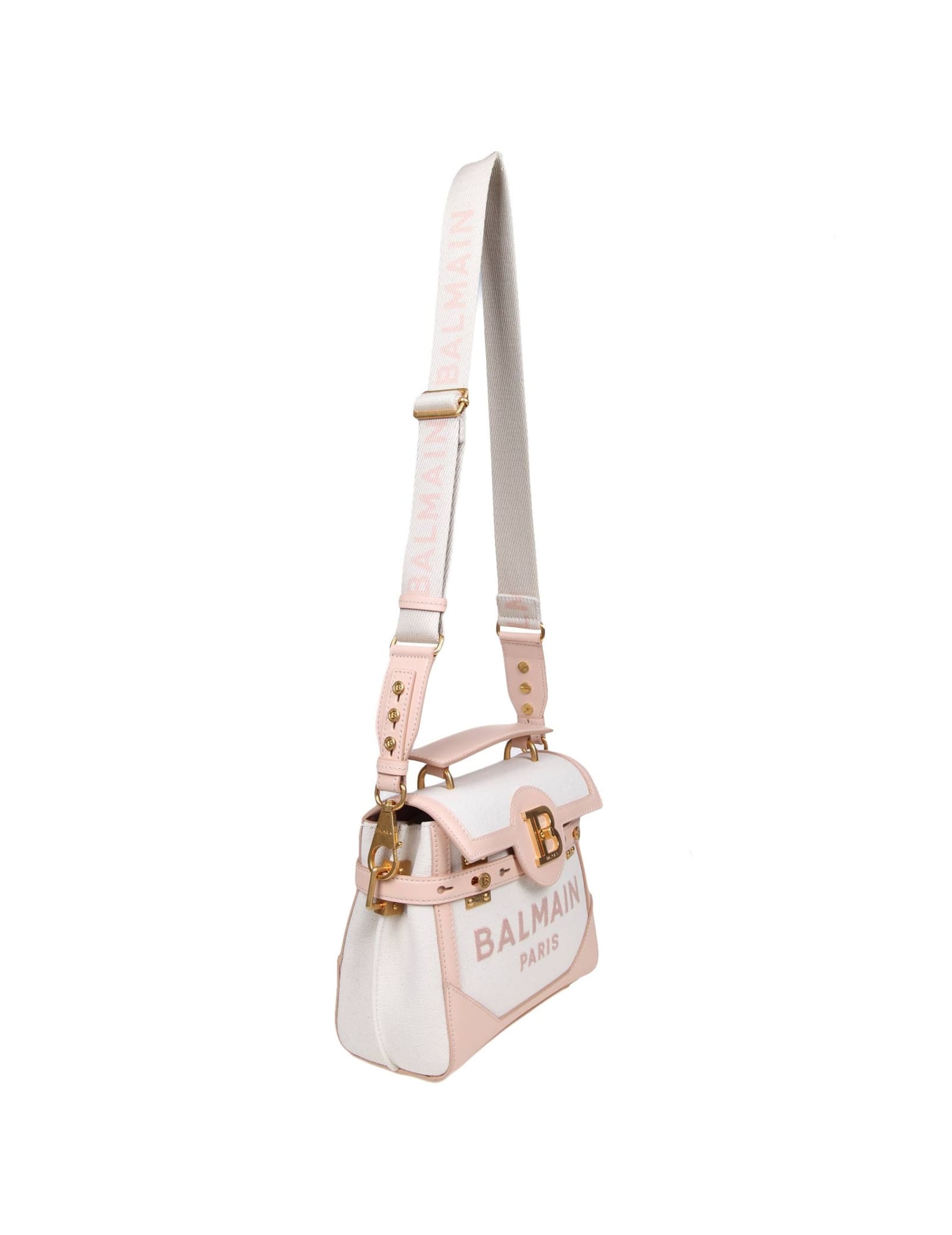 Shop Balmain B-buzz 23 Bag In Canvas And Leather In Creme/nude