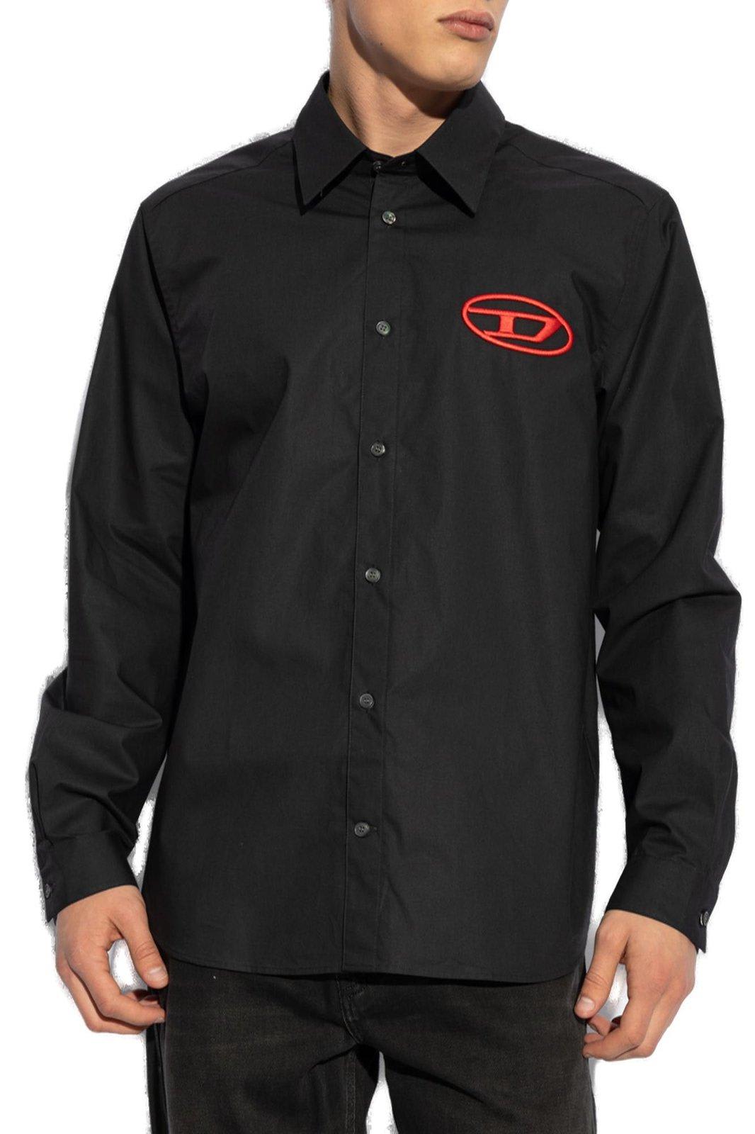 Shop Diesel Logo Embroidered Long-sleeved Shirt