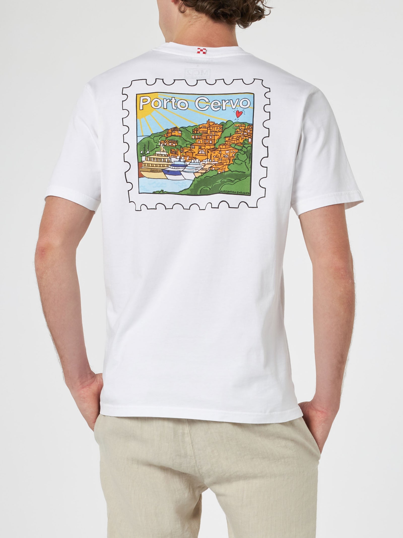 MC2 SAINT BARTH MAN COTTON T-SHIRT WITH PORTO CERVO POSTCARD FRONT AND BACK PRINT ALESSANDRO ENRIQUEZ SPECIAL EDITIO