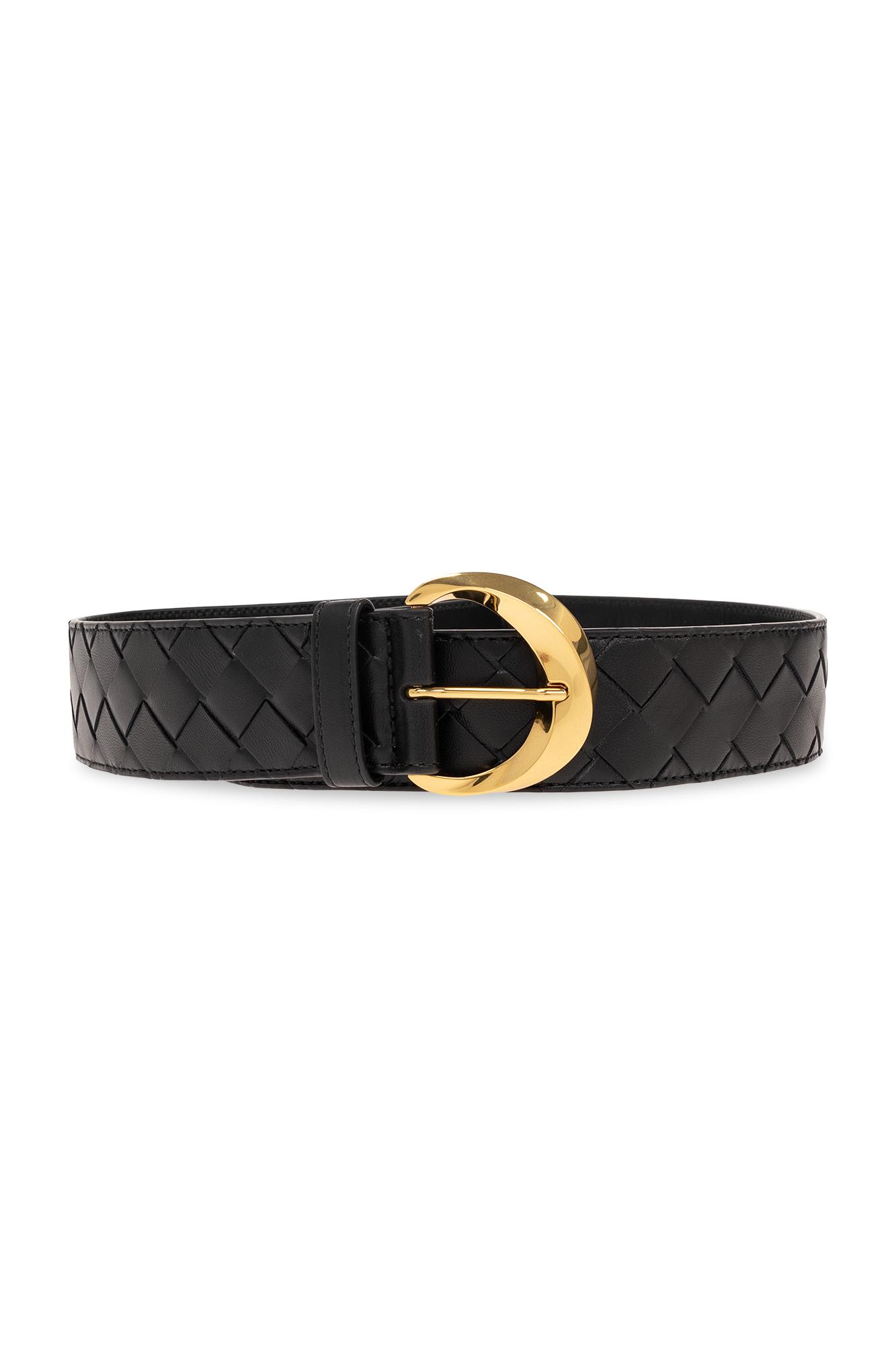 Shop Bottega Veneta Belt With Intrecciato Weave In Black-m Brass