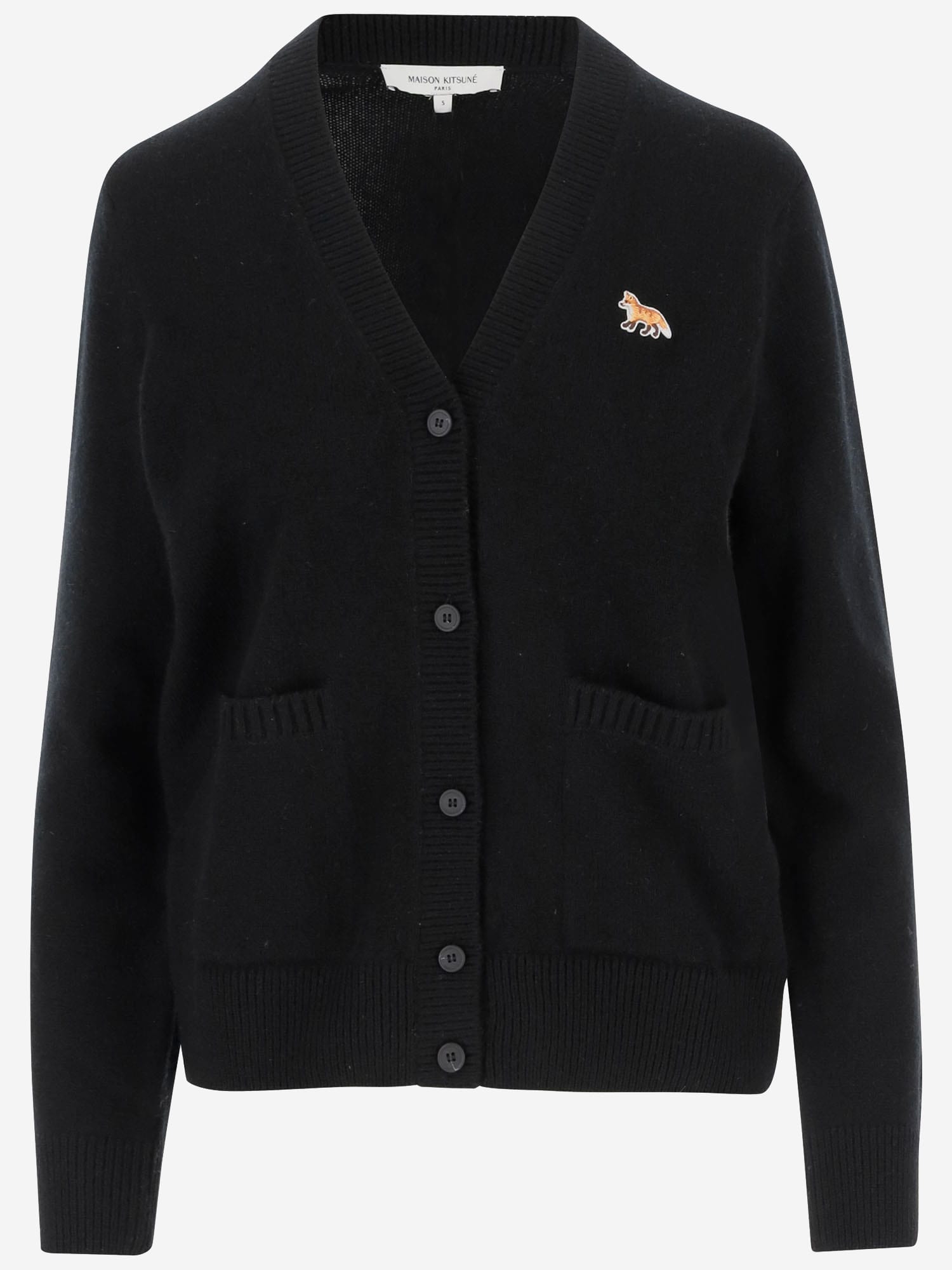 Shop Maison Kitsuné Wool Cardigan With Fox Patch In Black