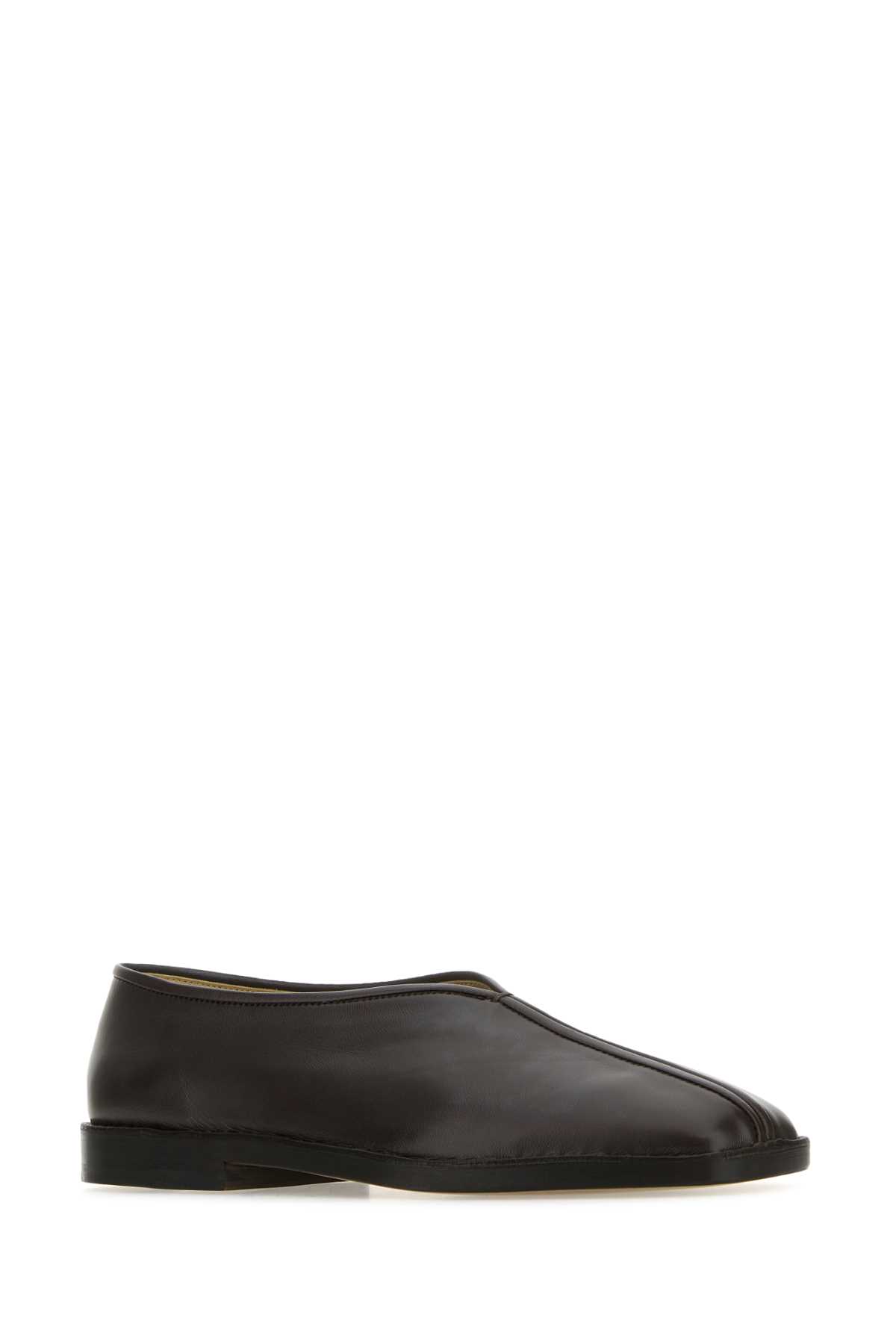 LEMAIRE DARK BROWN LEATHER FLAT PIPED SLIP ONS