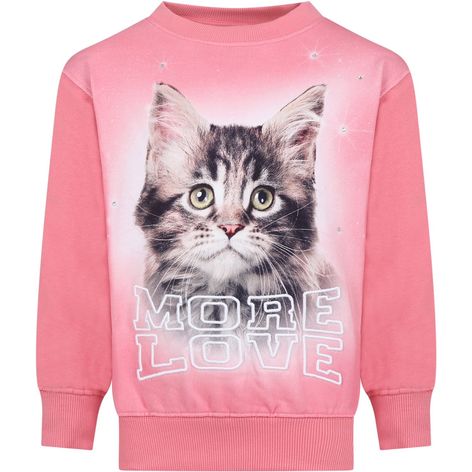 Molo Kids' Pink Sweatshirt For Girl With Cat Print And Writing