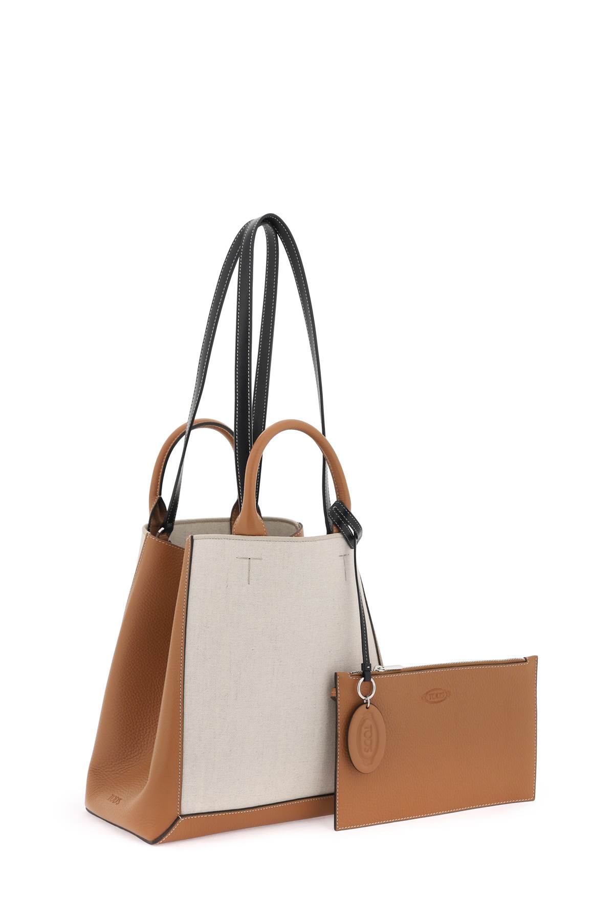 Shop Tod's Canvas & Leather Small Tote Bag In Bianco/marrone