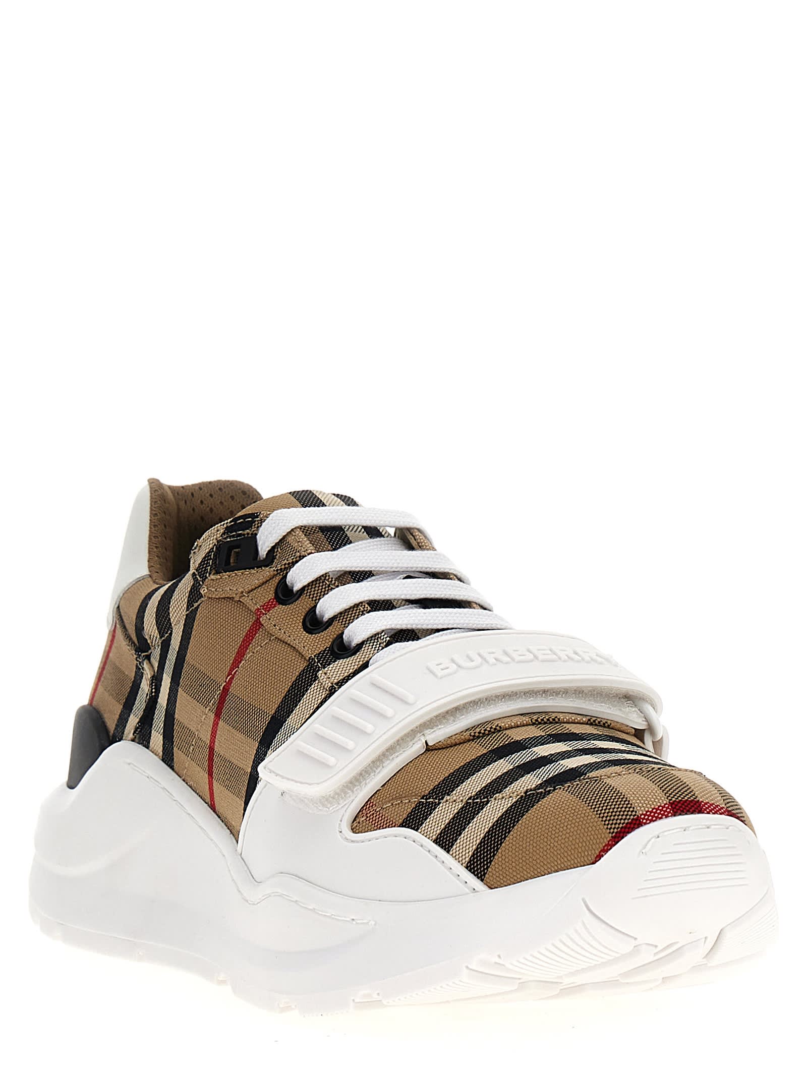 Shop Burberry Check Sneakers In Beige