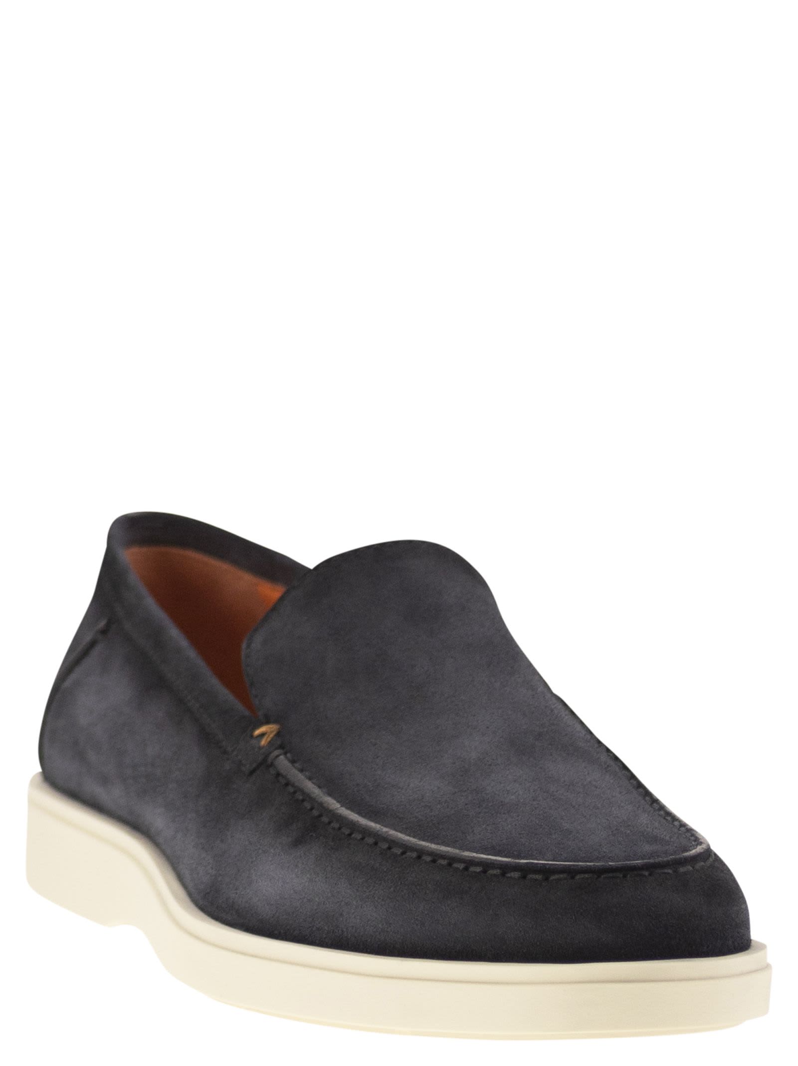 Shop Santoni Suede Moccasin In Blue