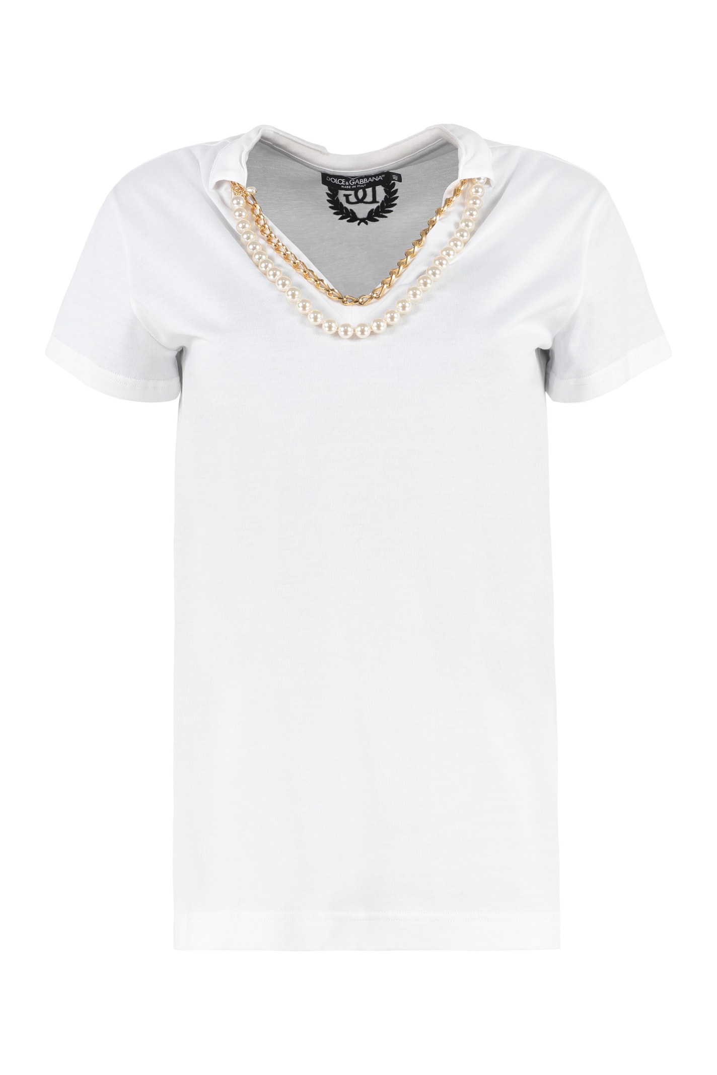 Dolce & Gabbana Necklace Cotton T-shirt In Bianco Ottico