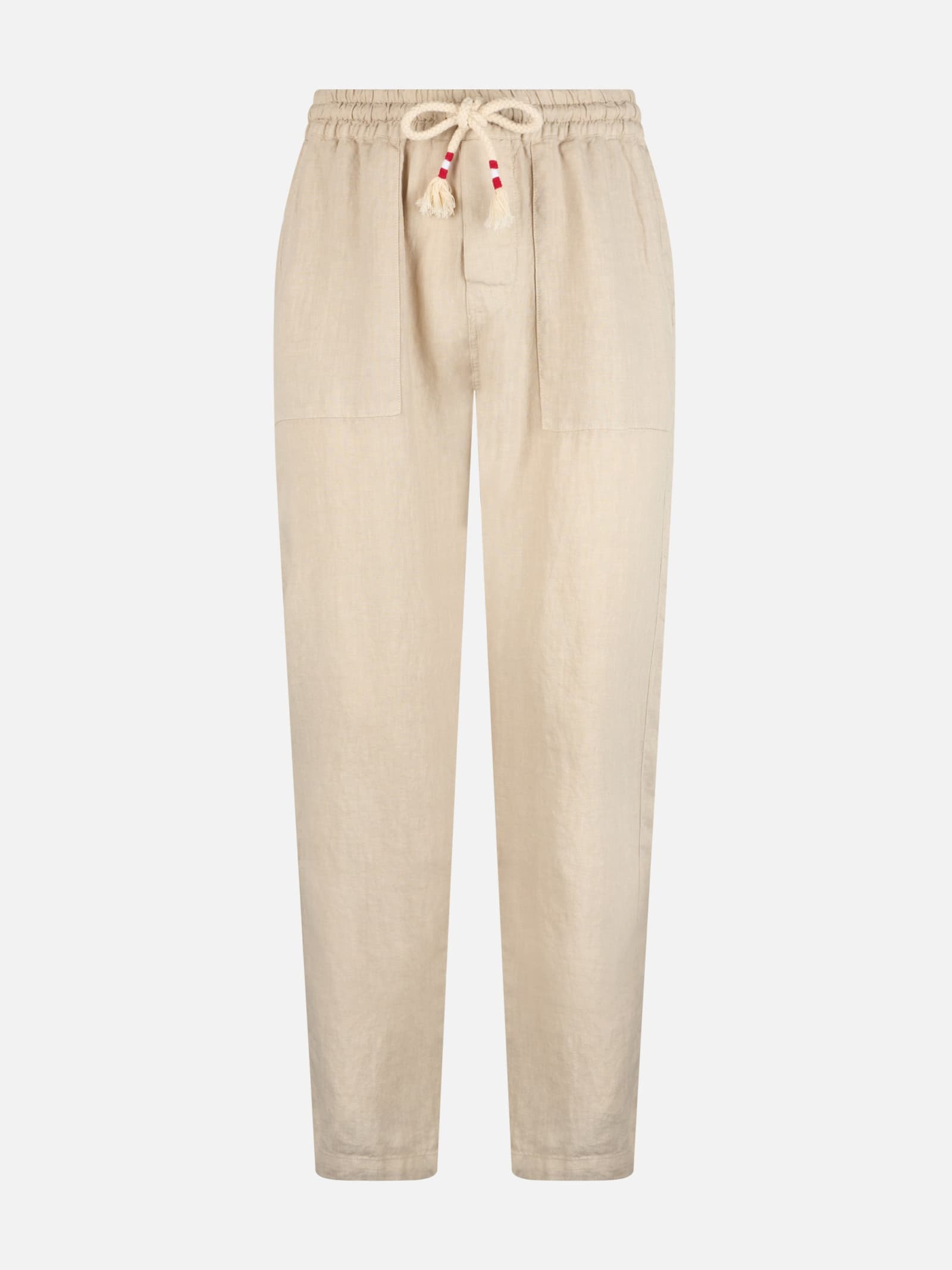 Mc2 Saint Barth Man Off-white Linen Calais Pants With Drawstring In White
