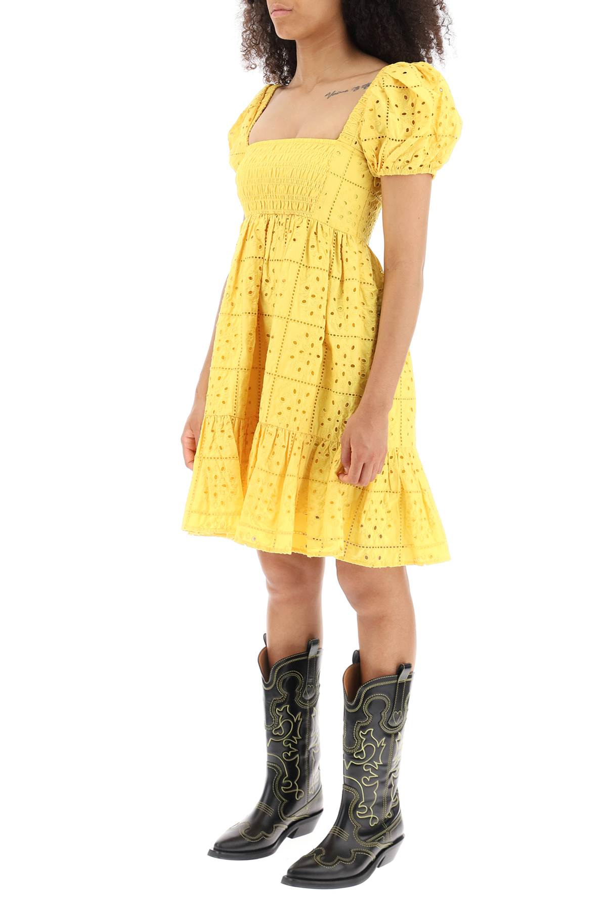 Shop Ganni Broderie Mini Dress In Maize (yellow)
