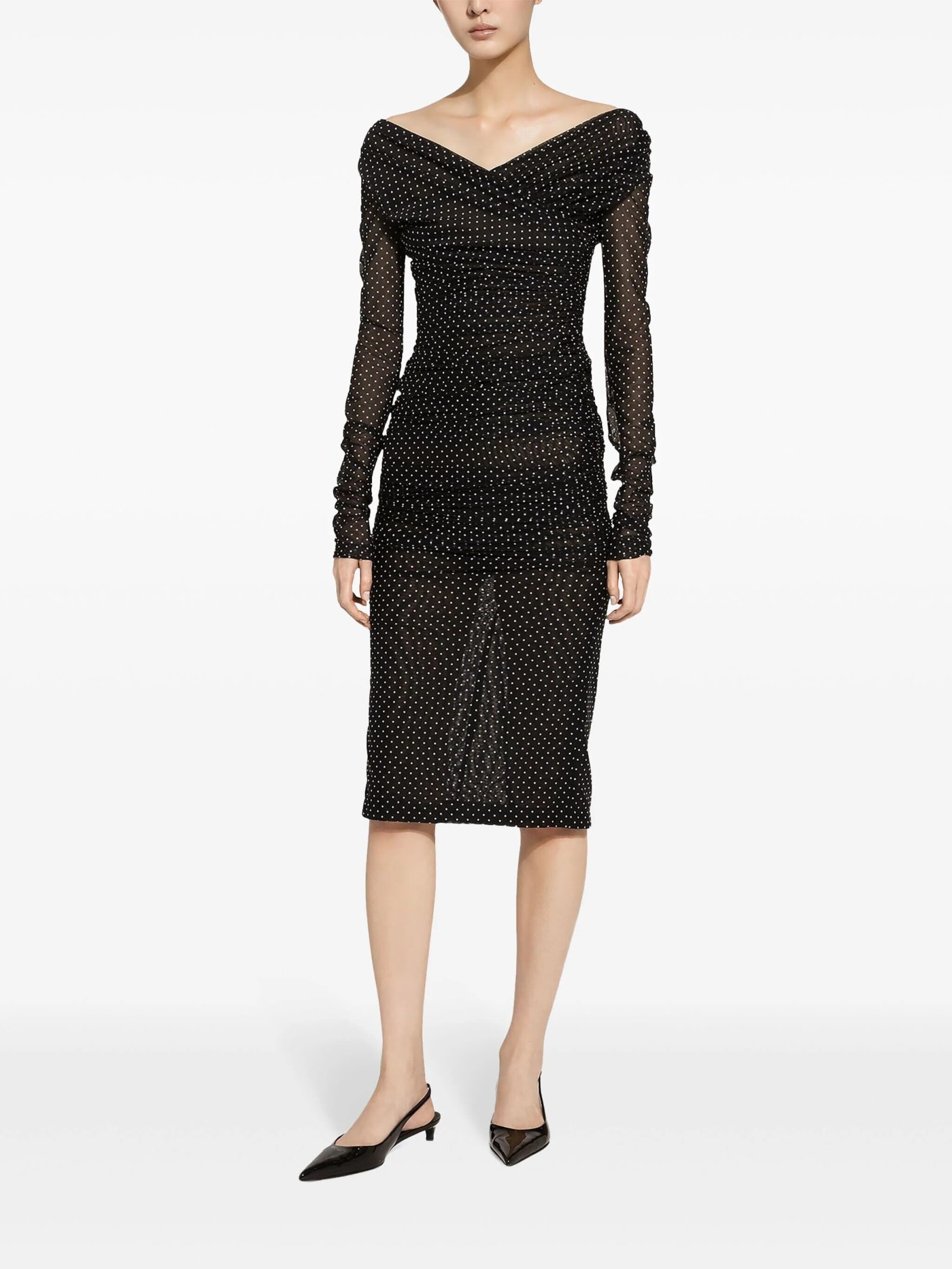 Dolce & Gabbana Tulle Calf-length Dress With Draping And Polka-dot Print In Black