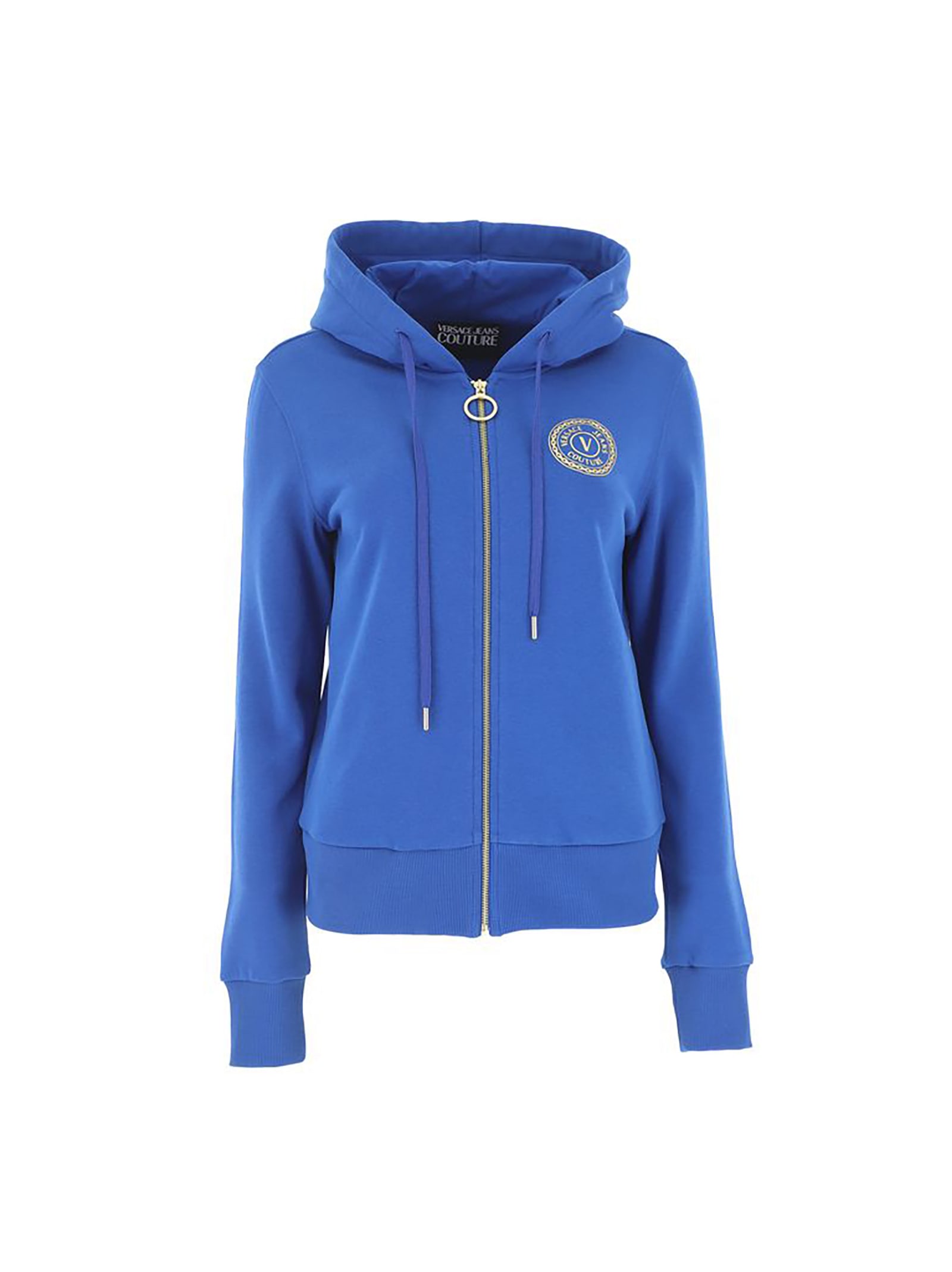 Versace Jeans Couture Hooded Sweatshirt With Zip In Cotton With V-emblem Foil Logo
