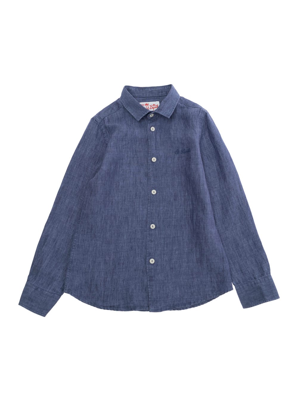 Mc2 Saint Barth Kids' Agnes Blue Shirt With Classic Collar And Logo Lettering Embroidery On The Front In Linen Woman