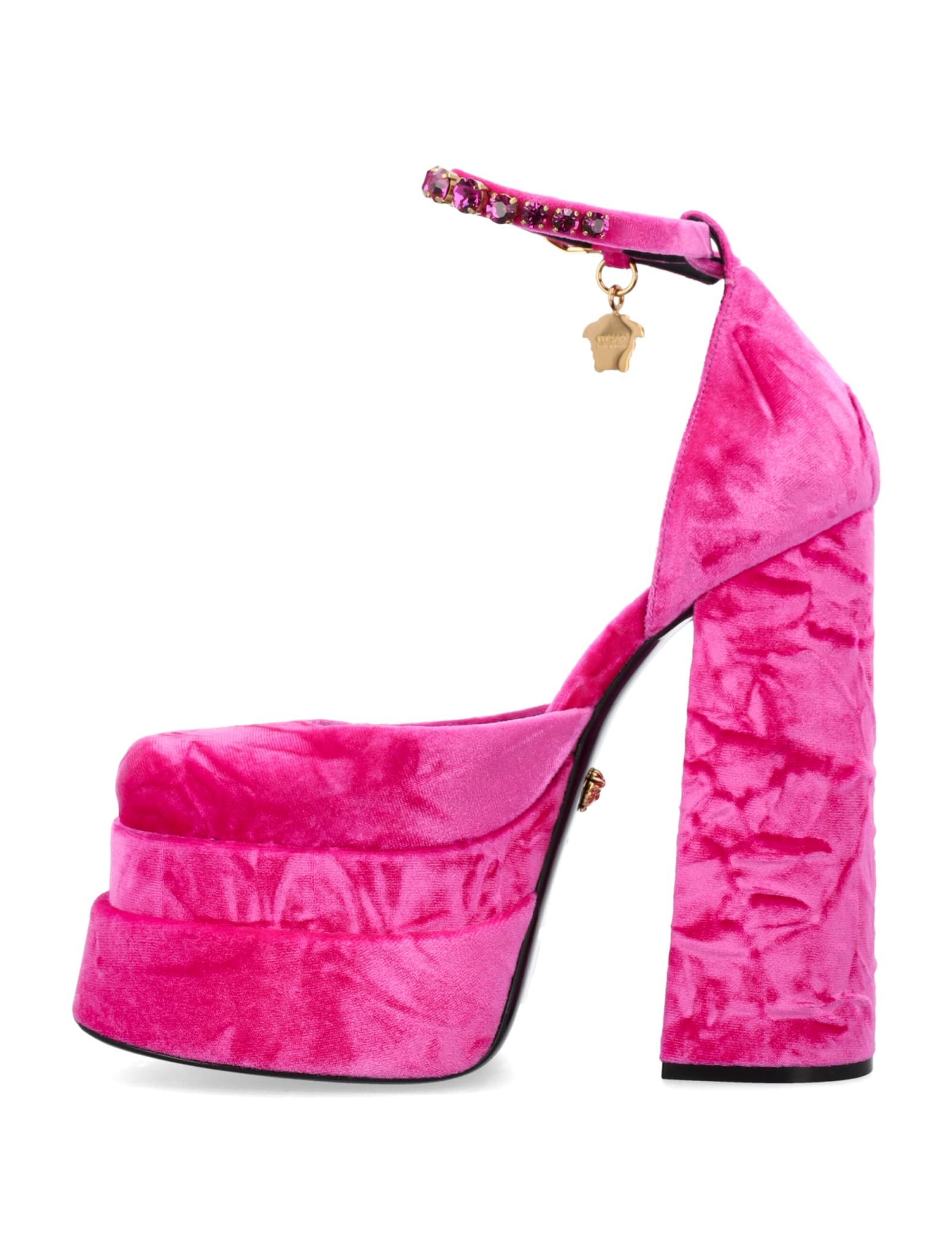 Versace Medusa Aevitas Velvet Platform Pumps In Glossy Pink